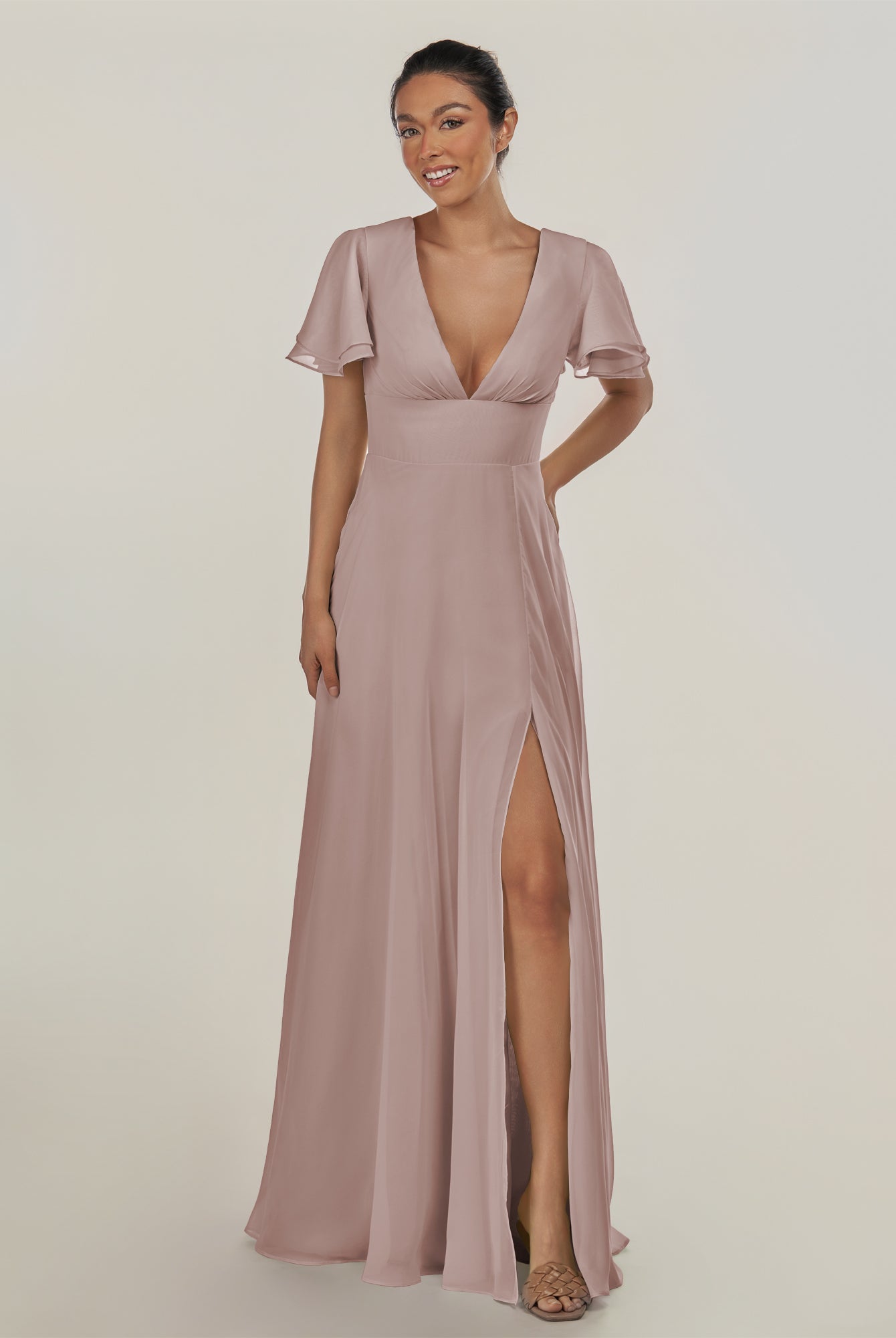 KissDress-Nira Toffee A Line Chiffon Cap Sleeves V Neck Long Bridesmaid Dress with Slit