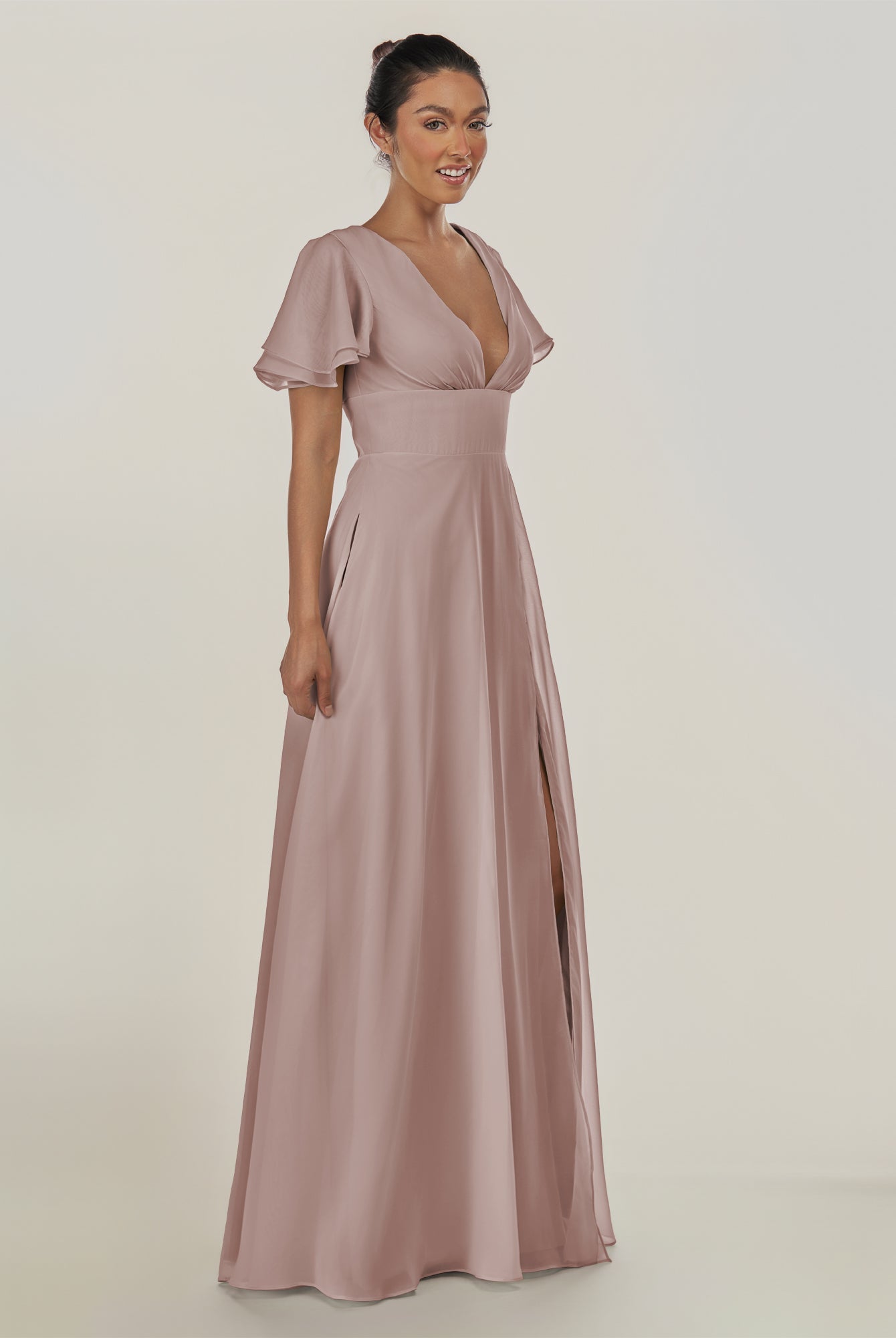 KissDress-Nira Toffee A Line Chiffon Cap Sleeves V Neck Long Bridesmaid Dress with Slit