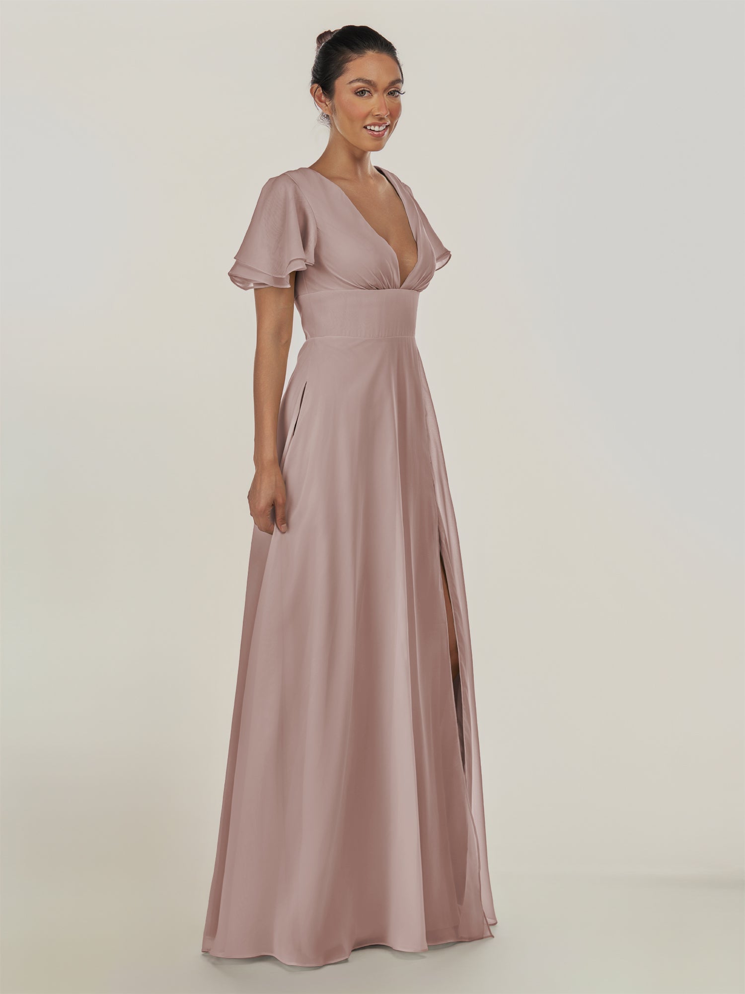 KissDress-Nira Toffee A Line Chiffon Cap Sleeves V Neck Long Bridesmaid Dress with Slit