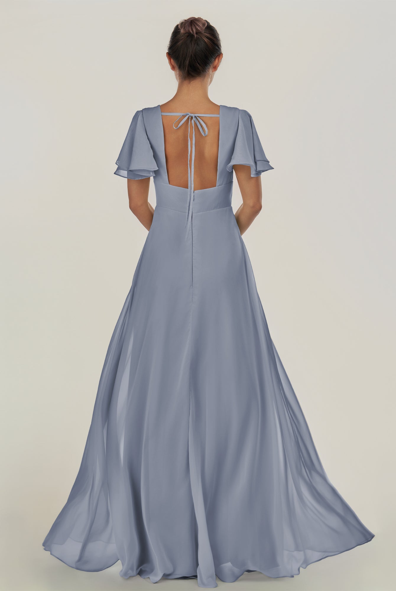 KissDress-Nira Twilight A Line Chiffon Cap Sleeves V Neck Long Bridesmaid Dress with Slit