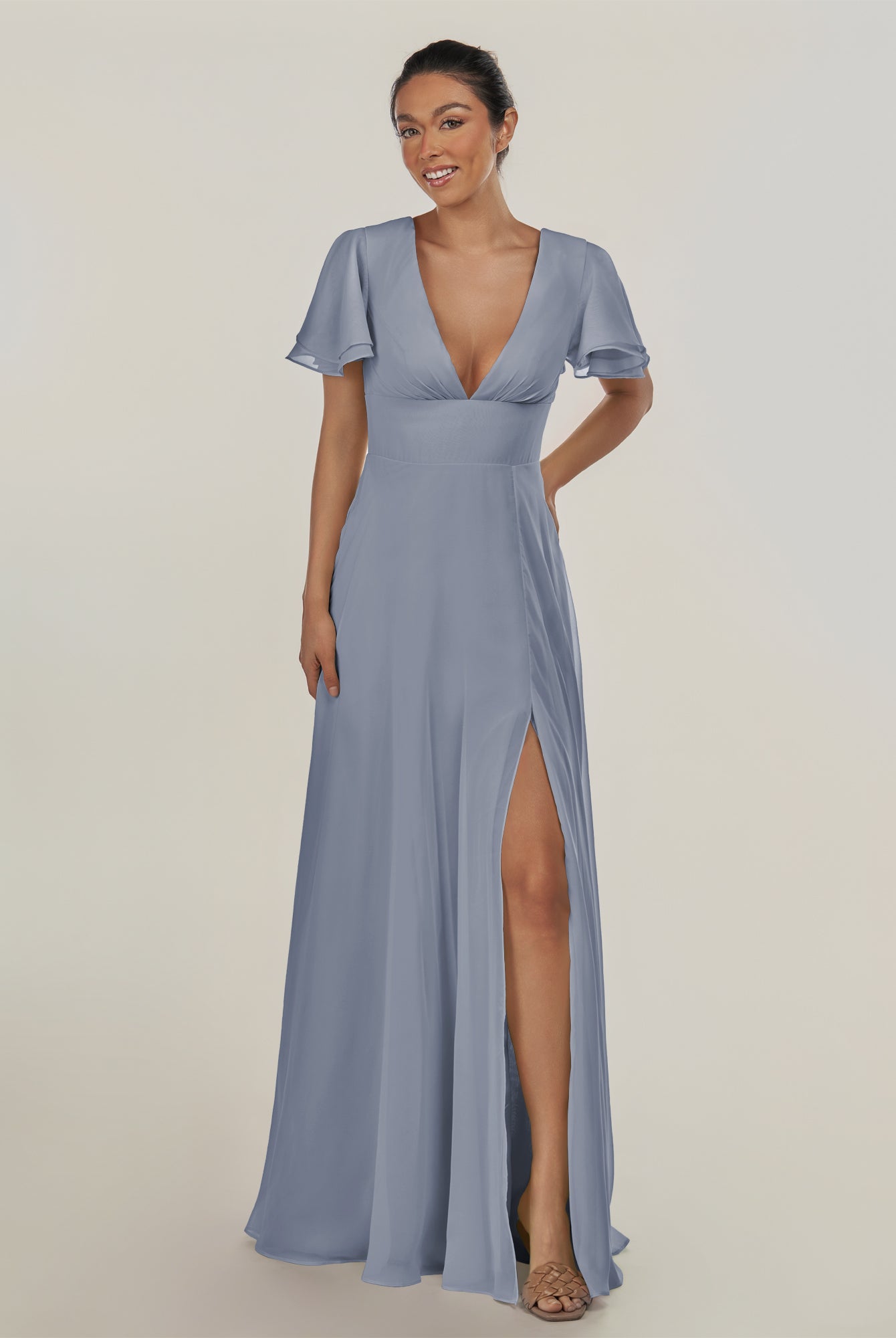 KissDress-Nira Twilight A Line Chiffon Cap Sleeves V Neck Long Bridesmaid Dress with Slit