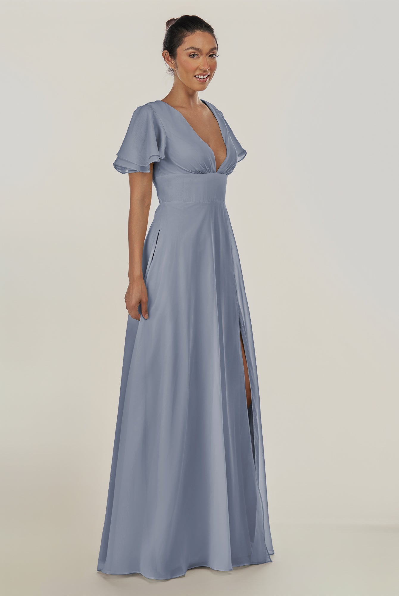 KissDress-Nira Twilight A Line Chiffon Cap Sleeves V Neck Long Bridesmaid Dress with Slit