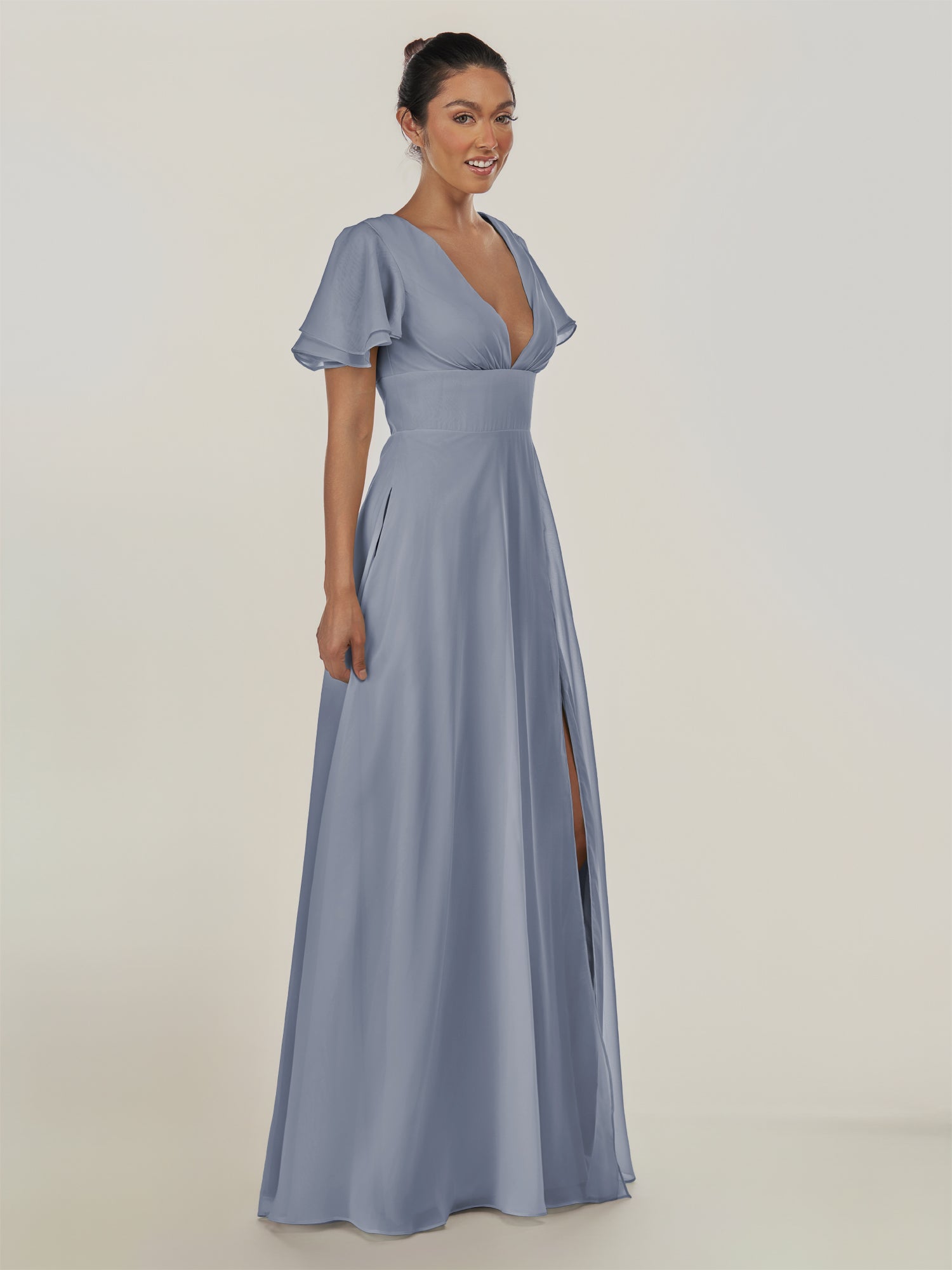 KissDress-Nira Twilight A Line Chiffon Cap Sleeves V Neck Long Bridesmaid Dress with Slit