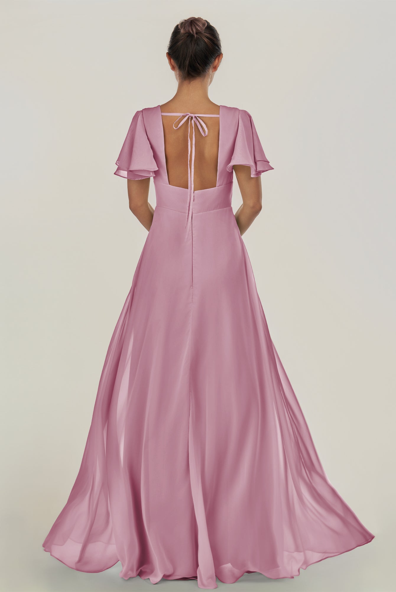 KissDress-Nira Vintage Mauve A Line Chiffon Cap Sleeves V Neck Long Bridesmaid Dress with Slit