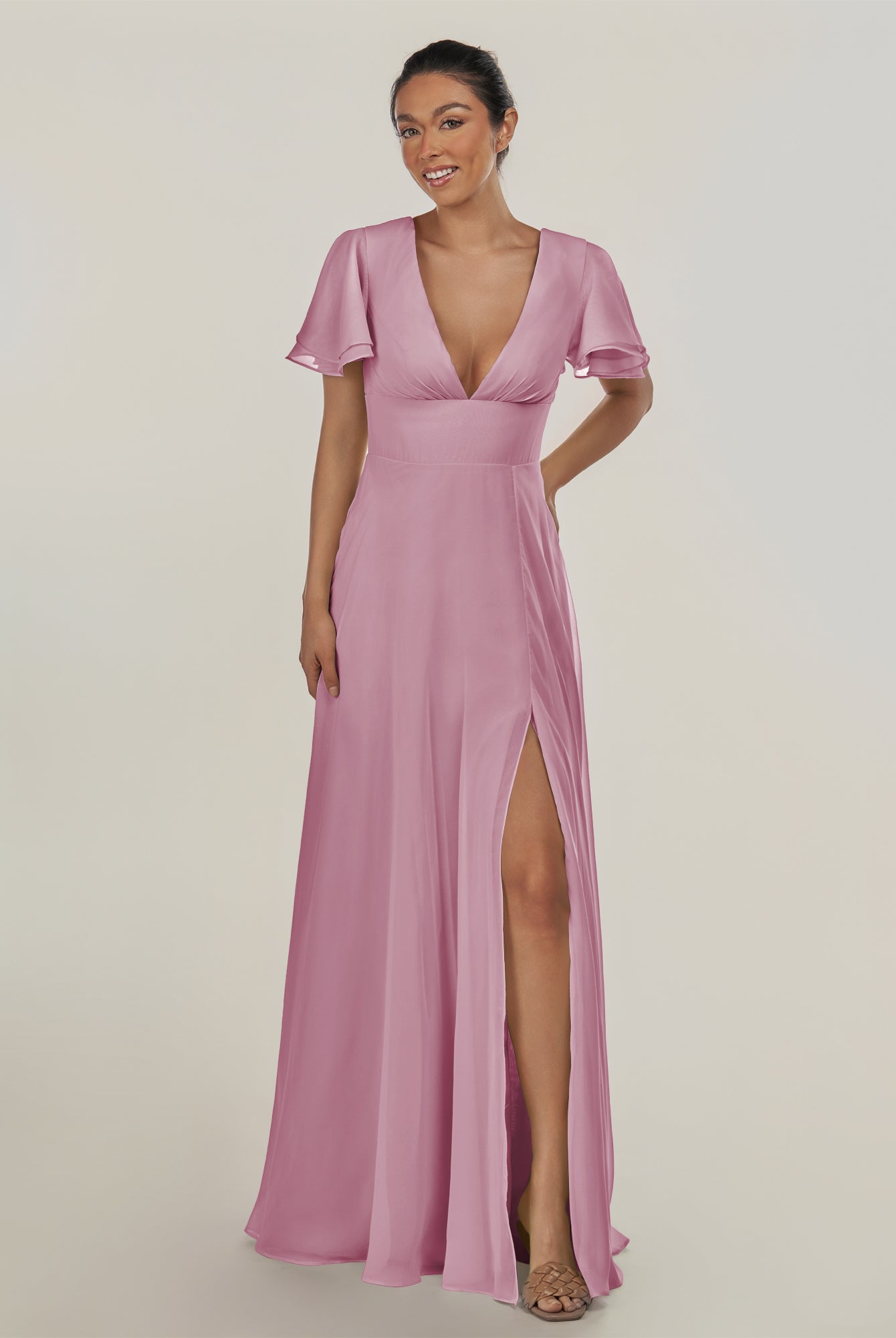 KissDress-Nira Vintage Mauve A Line Chiffon Cap Sleeves V Neck Long Bridesmaid Dress with Slit