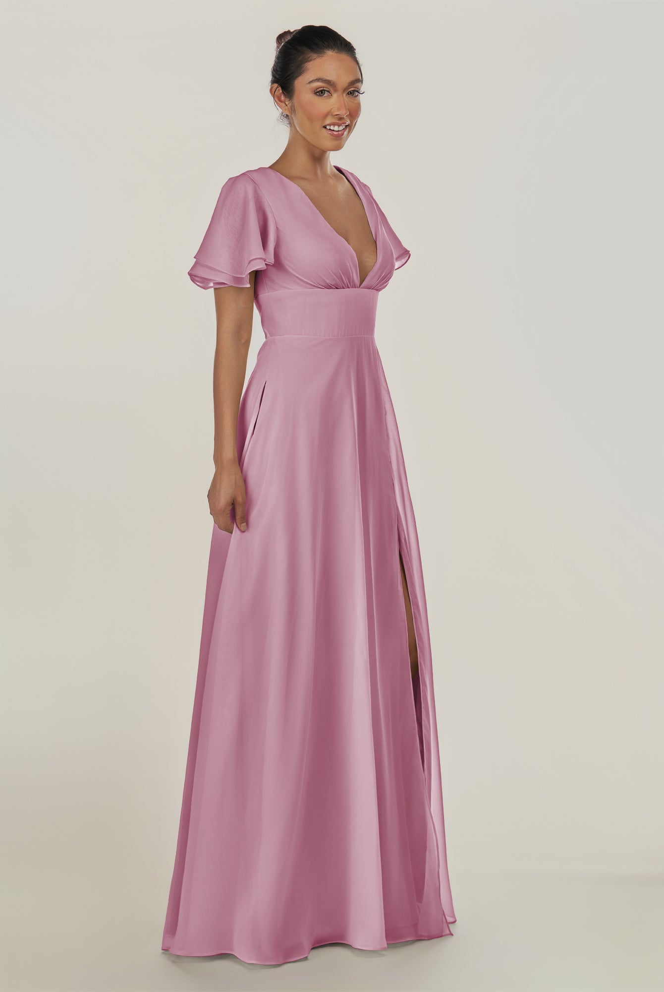 KissDress-Nira Vintage Mauve A Line Chiffon Cap Sleeves V Neck Long Bridesmaid Dress with Slit