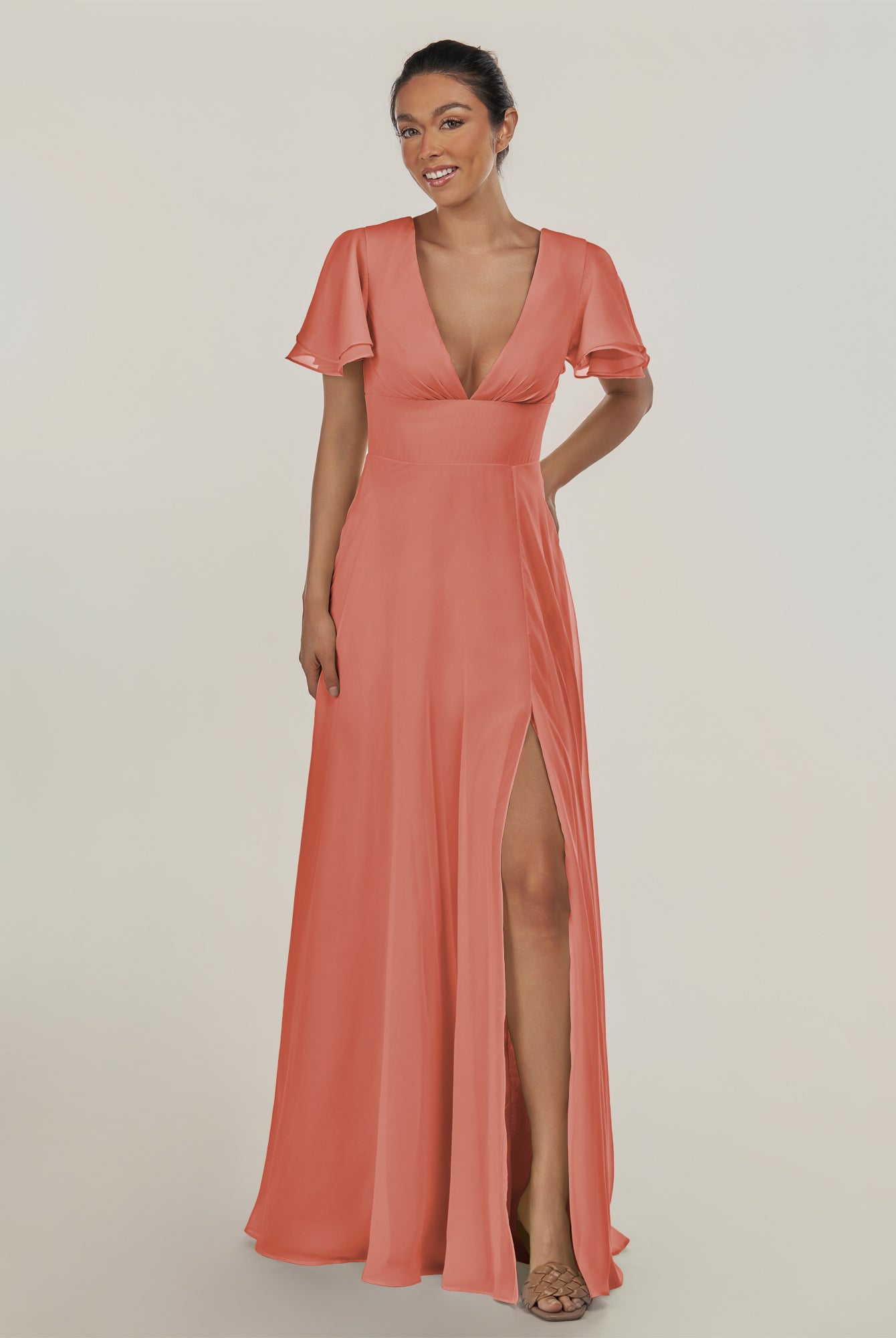 KissDress-Nira Wild Rose A Line Chiffon Cap Sleeves V Neck Long Bridesmaid Dress with Slit