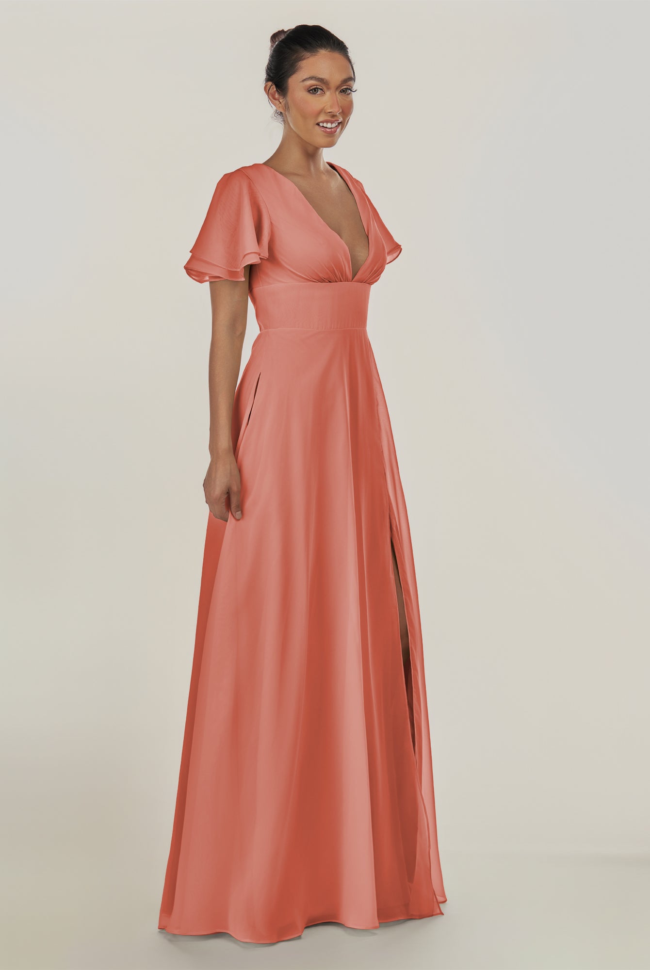 KissDress-Nira Wild Rose A Line Chiffon Cap Sleeves V Neck Long Bridesmaid Dress with Slit