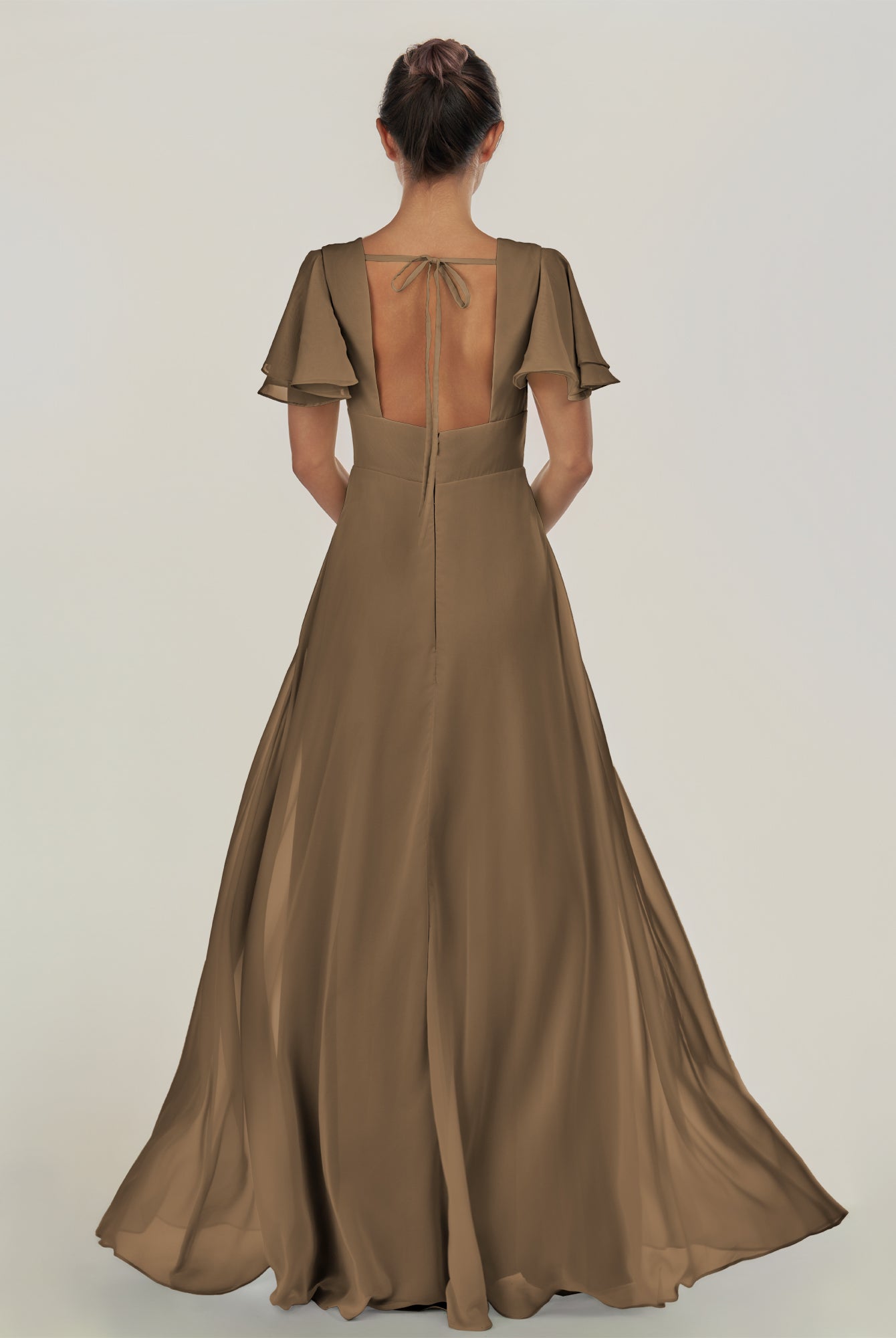KissDress-Nira Willow Green A Line Chiffon Cap Sleeves V Neck Long Bridesmaid Dress with Slit