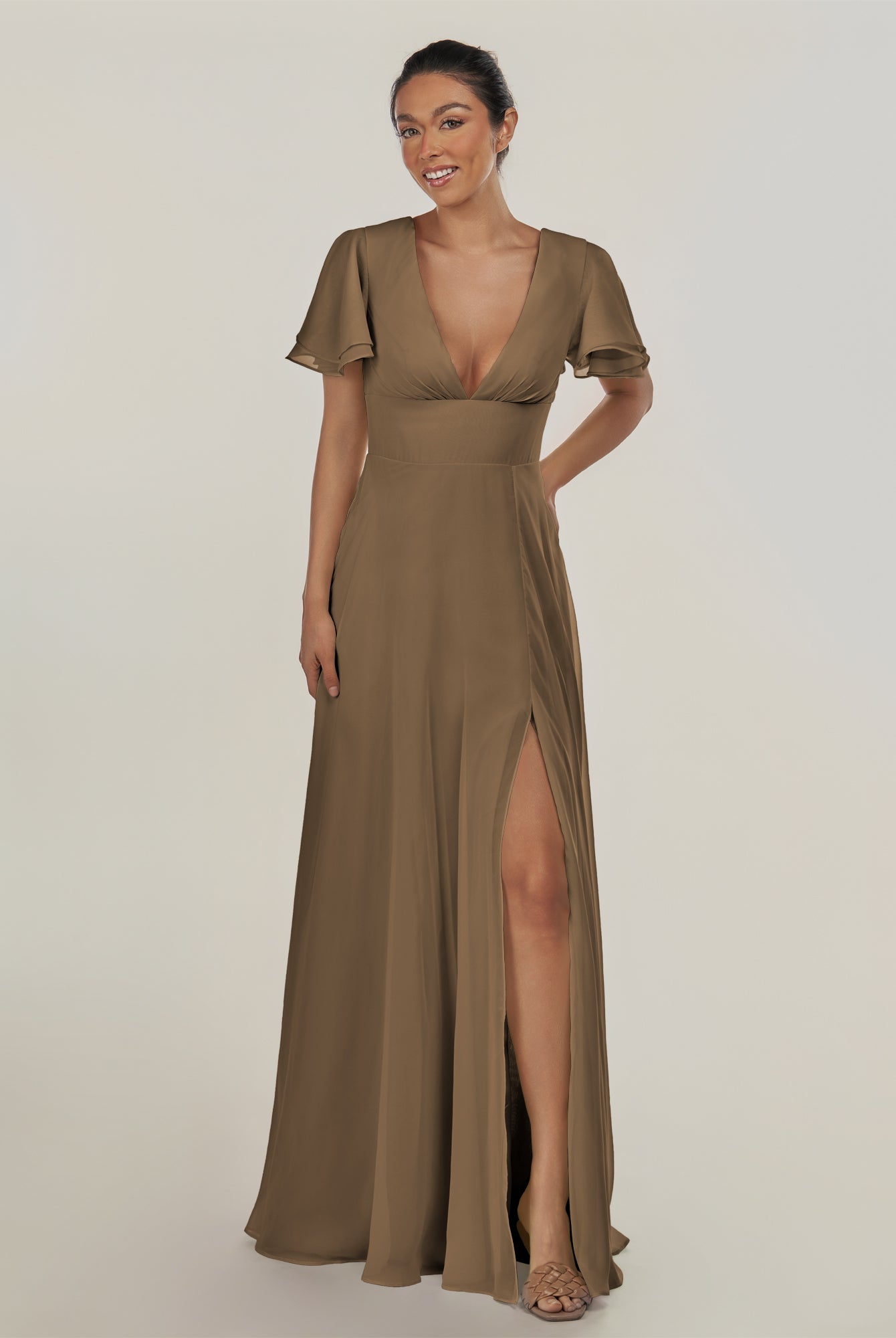 KissDress-Nira Willow Green A Line Chiffon Cap Sleeves V Neck Long Bridesmaid Dress with Slit
