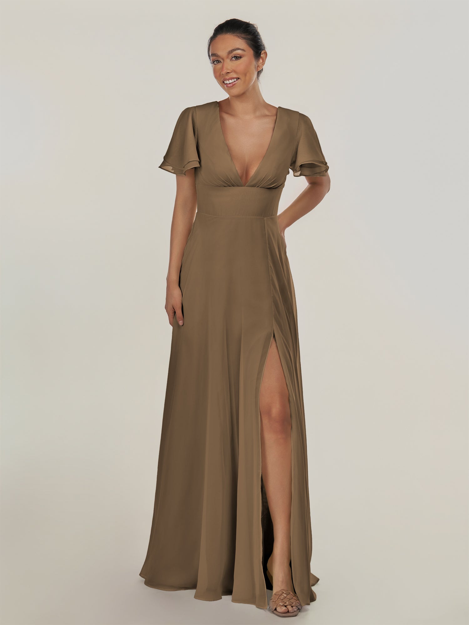 KissDress-Nira Willow Green A Line Chiffon Cap Sleeves V Neck Long Bridesmaid Dress with Slit