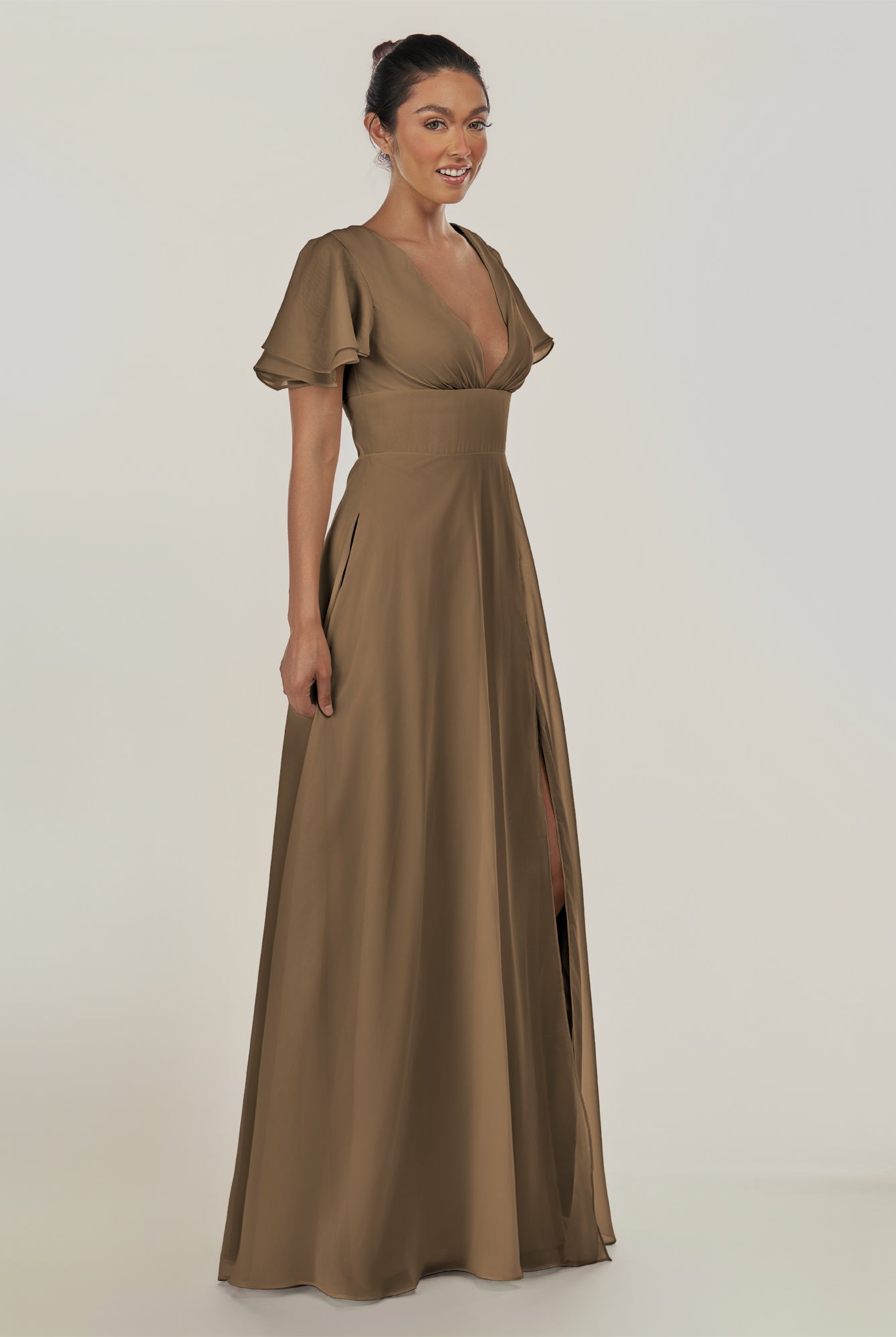 KissDress-Nira Willow Green A Line Chiffon Cap Sleeves V Neck Long Bridesmaid Dress with Slit