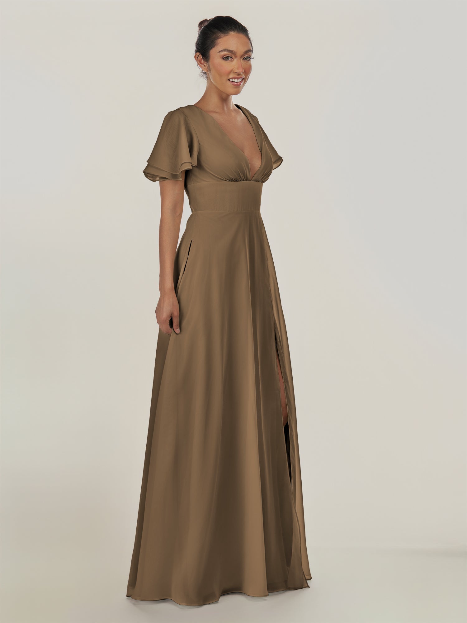 KissDress-Nira Willow Green A Line Chiffon Cap Sleeves V Neck Long Bridesmaid Dress with Slit