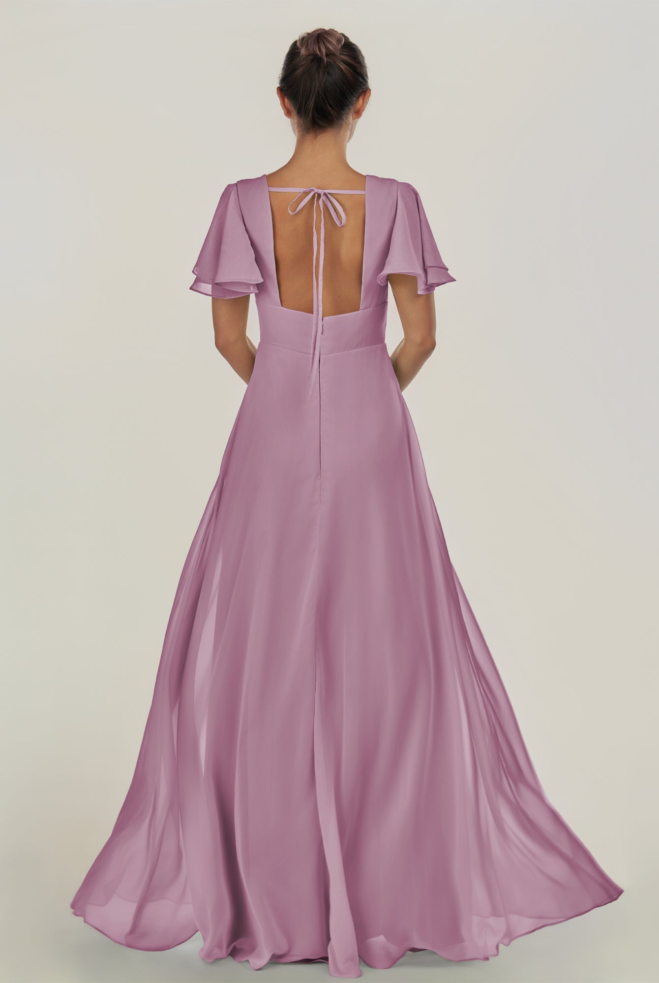 KissDress-Nira Wisteria A Line Chiffon Cap Sleeves V Neck Long Bridesmaid Dress with Slit