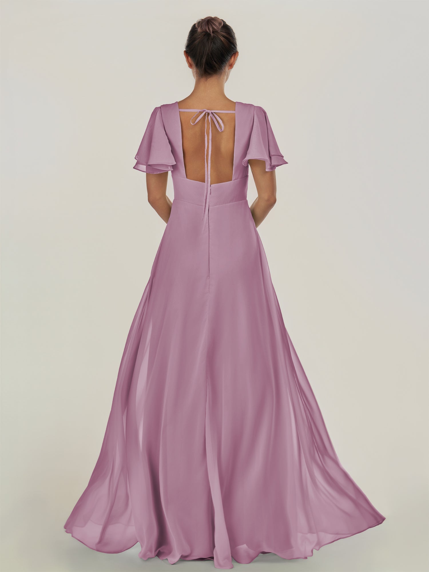 KissDress-Nira Wisteria A Line Chiffon Cap Sleeves V Neck Long Bridesmaid Dress with Slit