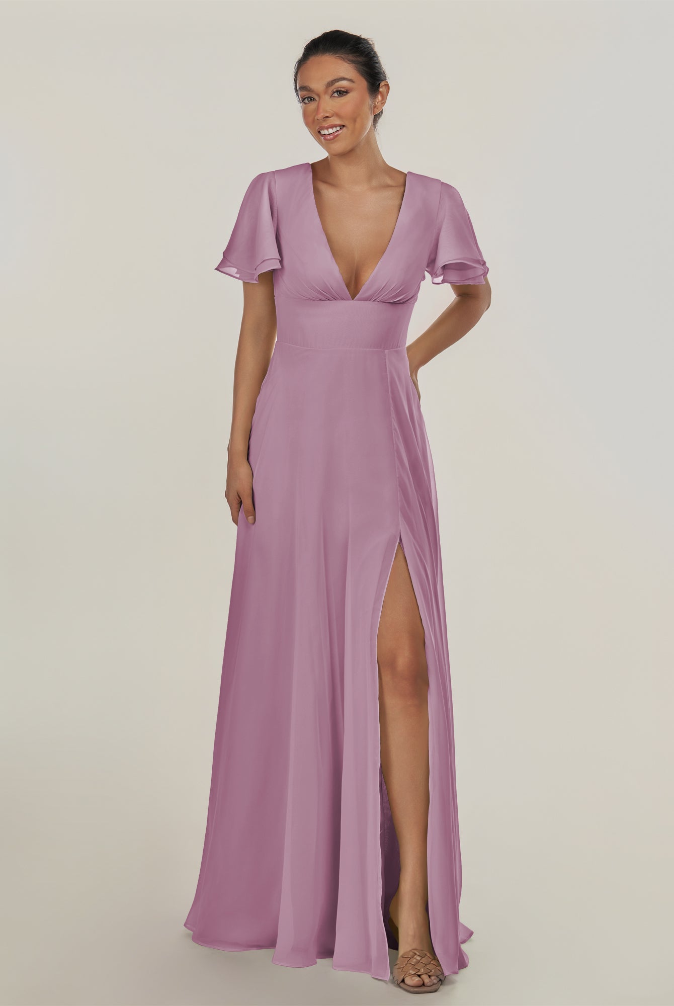 KissDress-Nira Wisteria A Line Chiffon Cap Sleeves V Neck Long Bridesmaid Dress with Slit