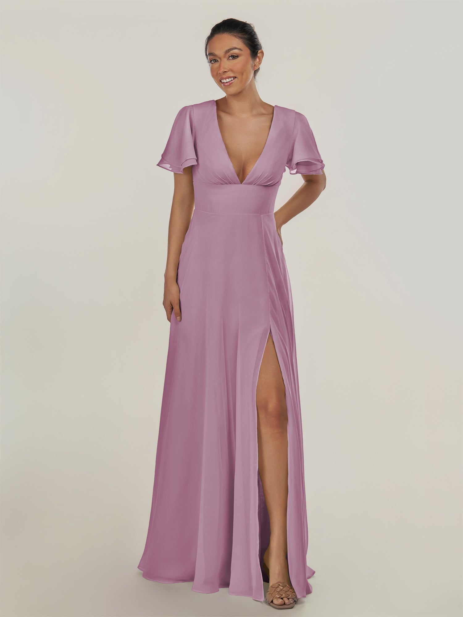 KissDress-Nira Wisteria A Line Chiffon Cap Sleeves V Neck Long Bridesmaid Dress with Slit