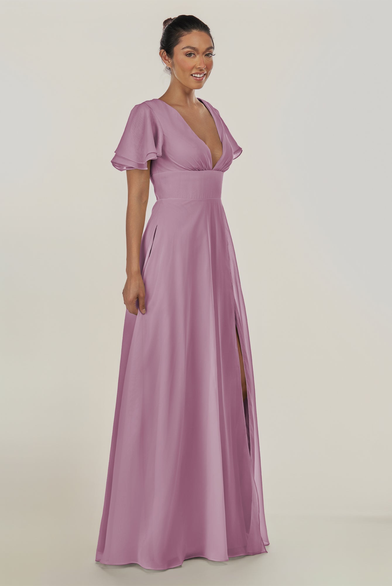 KissDress-Nira Wisteria A Line Chiffon Cap Sleeves V Neck Long Bridesmaid Dress with Slit
