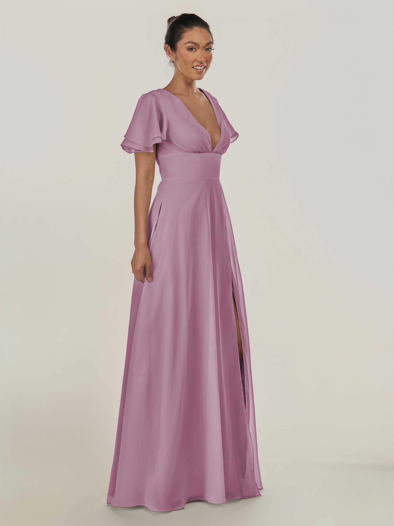 KissDress-Nira Wisteria A Line Chiffon Cap Sleeves V Neck Long Bridesmaid Dress with Slit