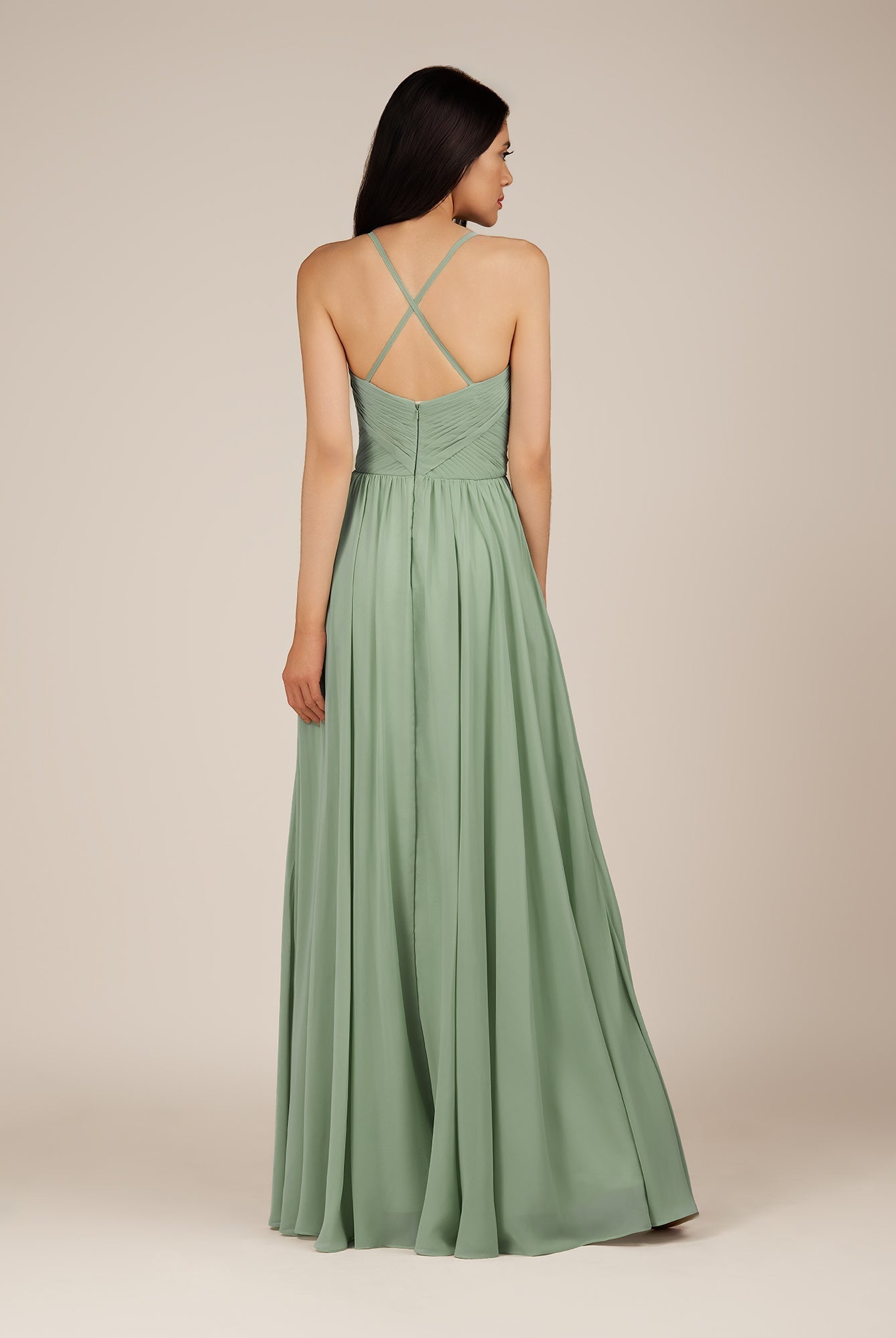 KissDress-Nolana Matcha A Line V Neck Chiffon Pleated Long Bridesmaid Dress