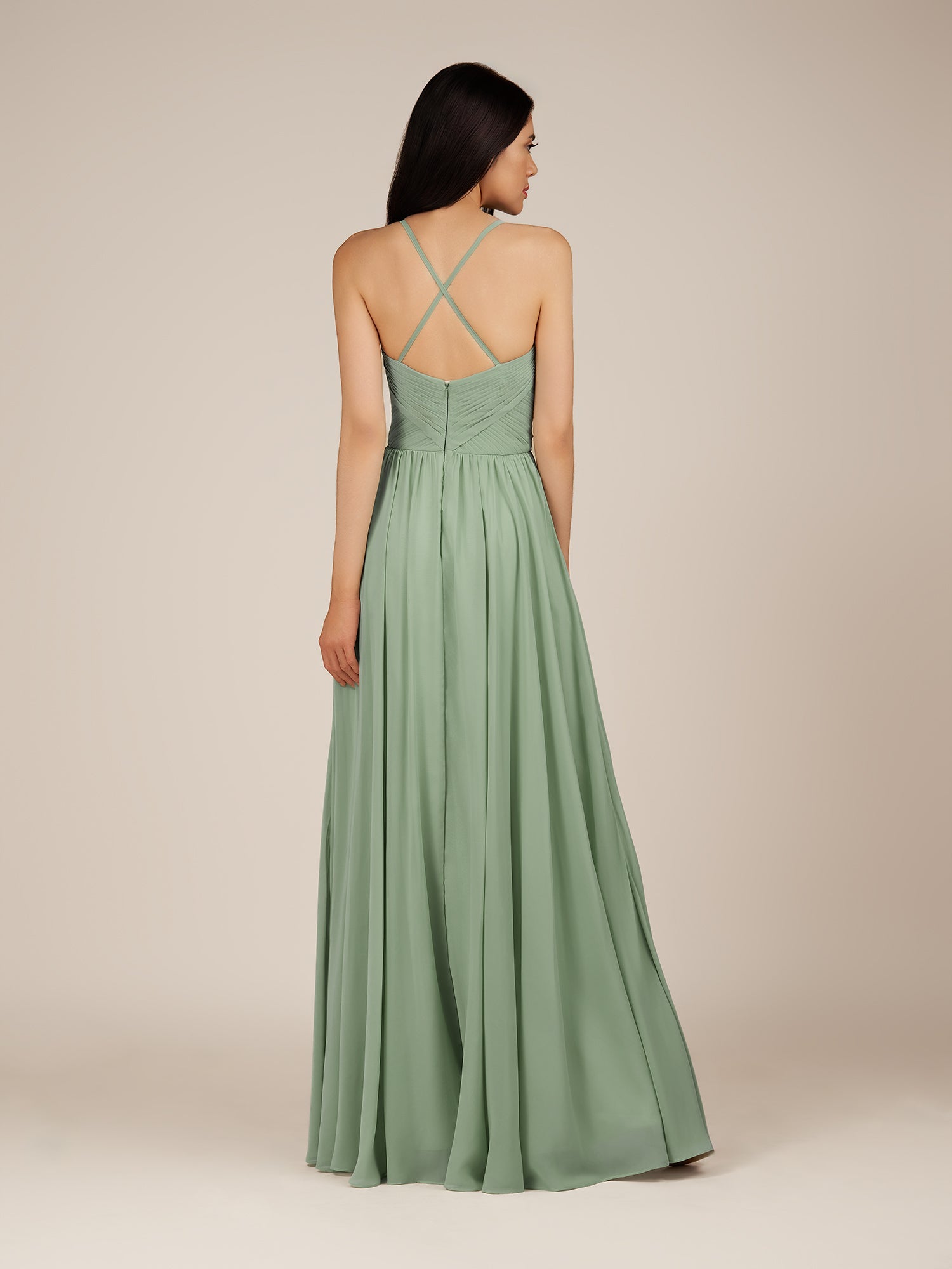 KissDress-Nolana Matcha A Line V Neck Chiffon Pleated Long Bridesmaid Dress