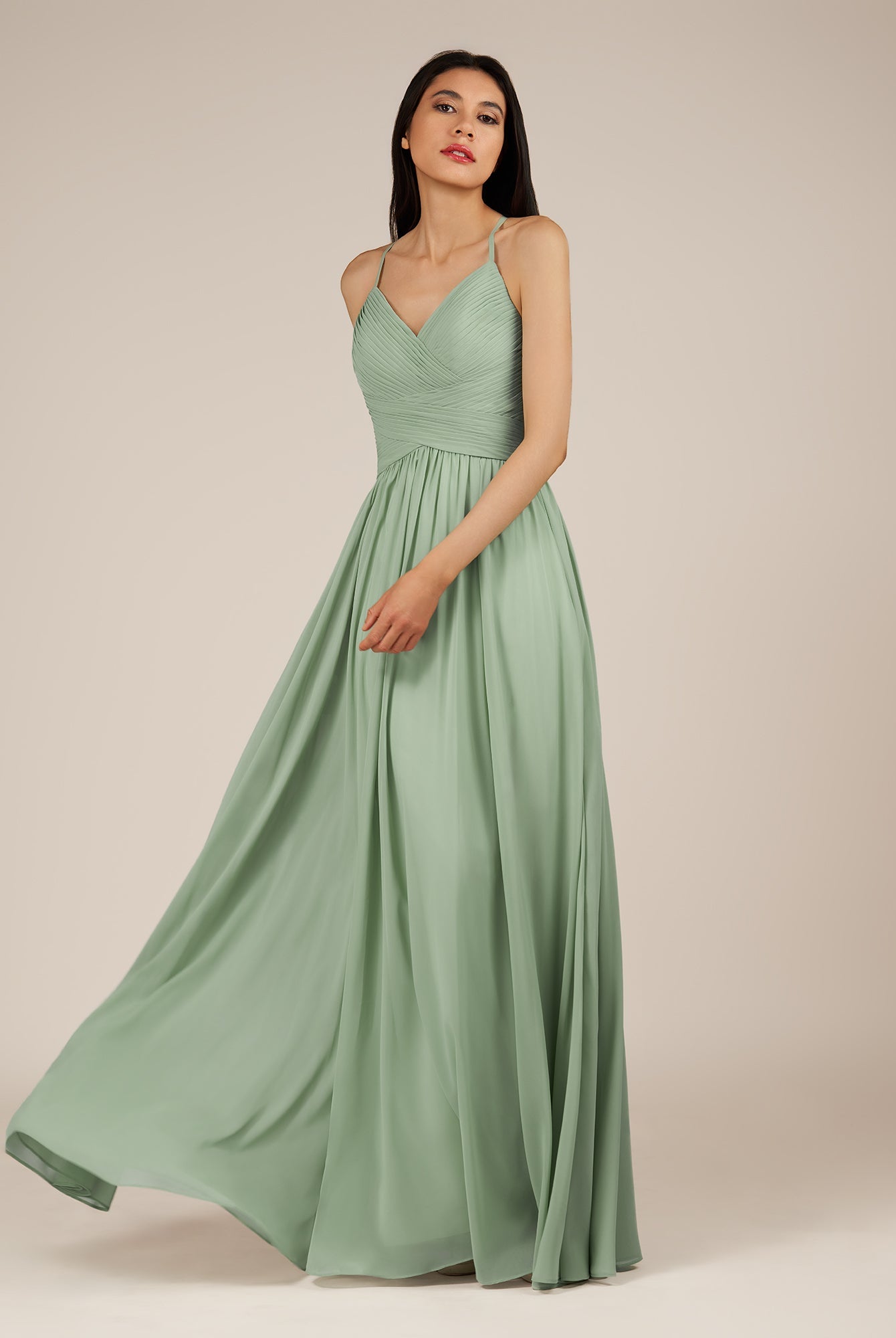 KissDress-Nolana Matcha A Line V Neck Chiffon Pleated Long Bridesmaid Dress