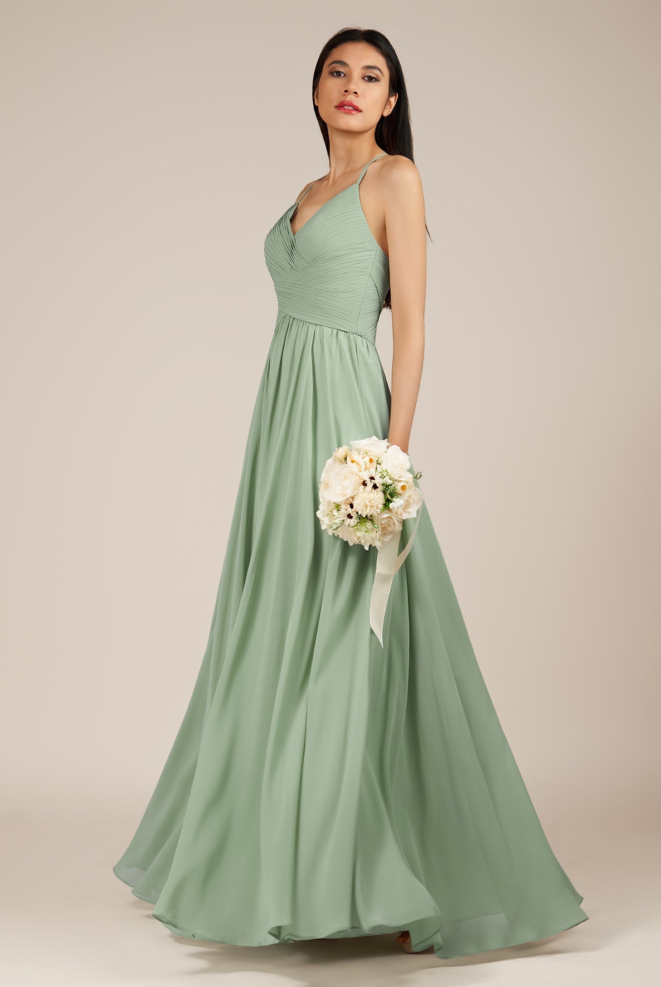 KissDress-Nolana Matcha A Line V Neck Chiffon Pleated Long Bridesmaid Dress