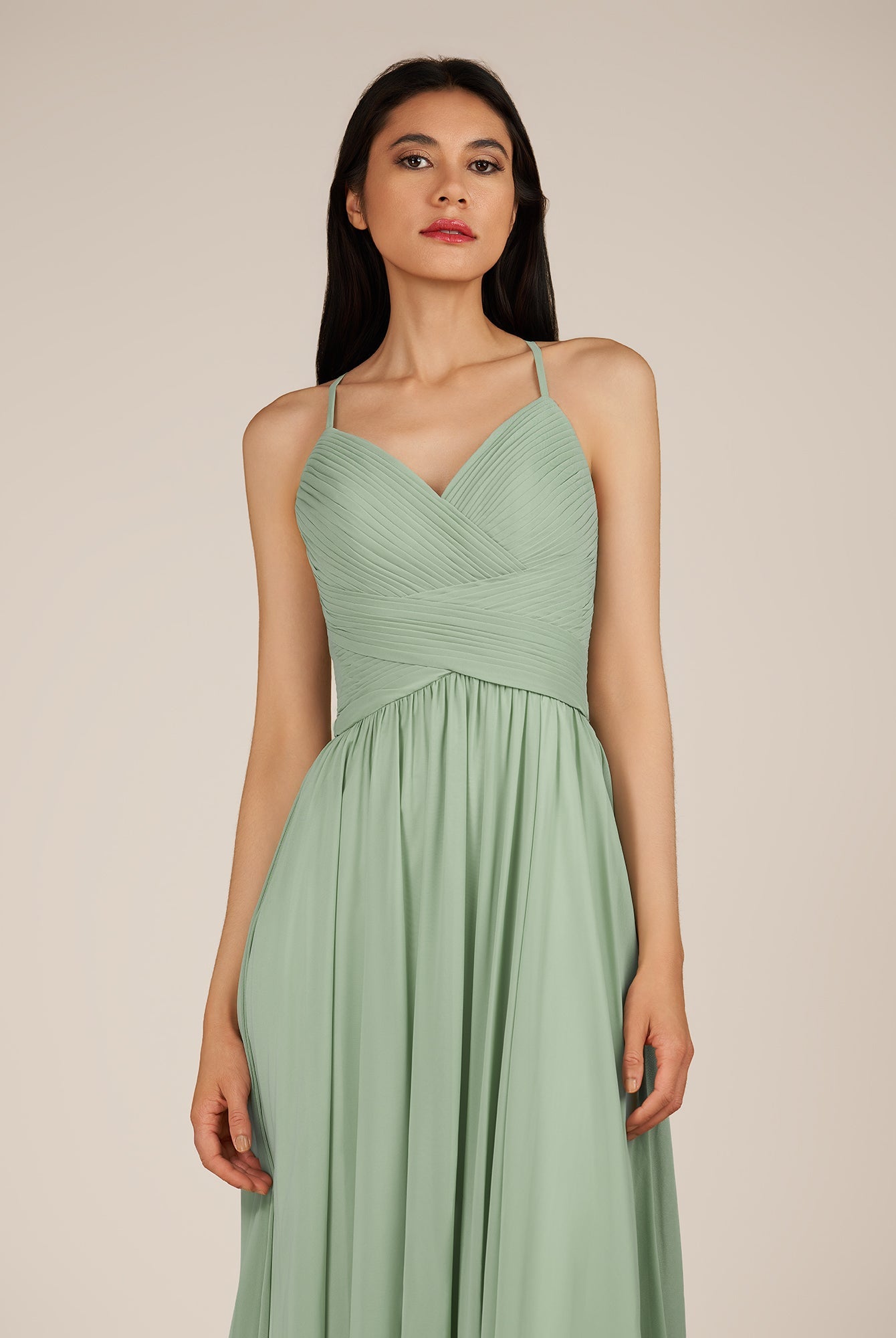 KissDress-Nolana Matcha A Line V Neck Chiffon Pleated Long Bridesmaid Dress