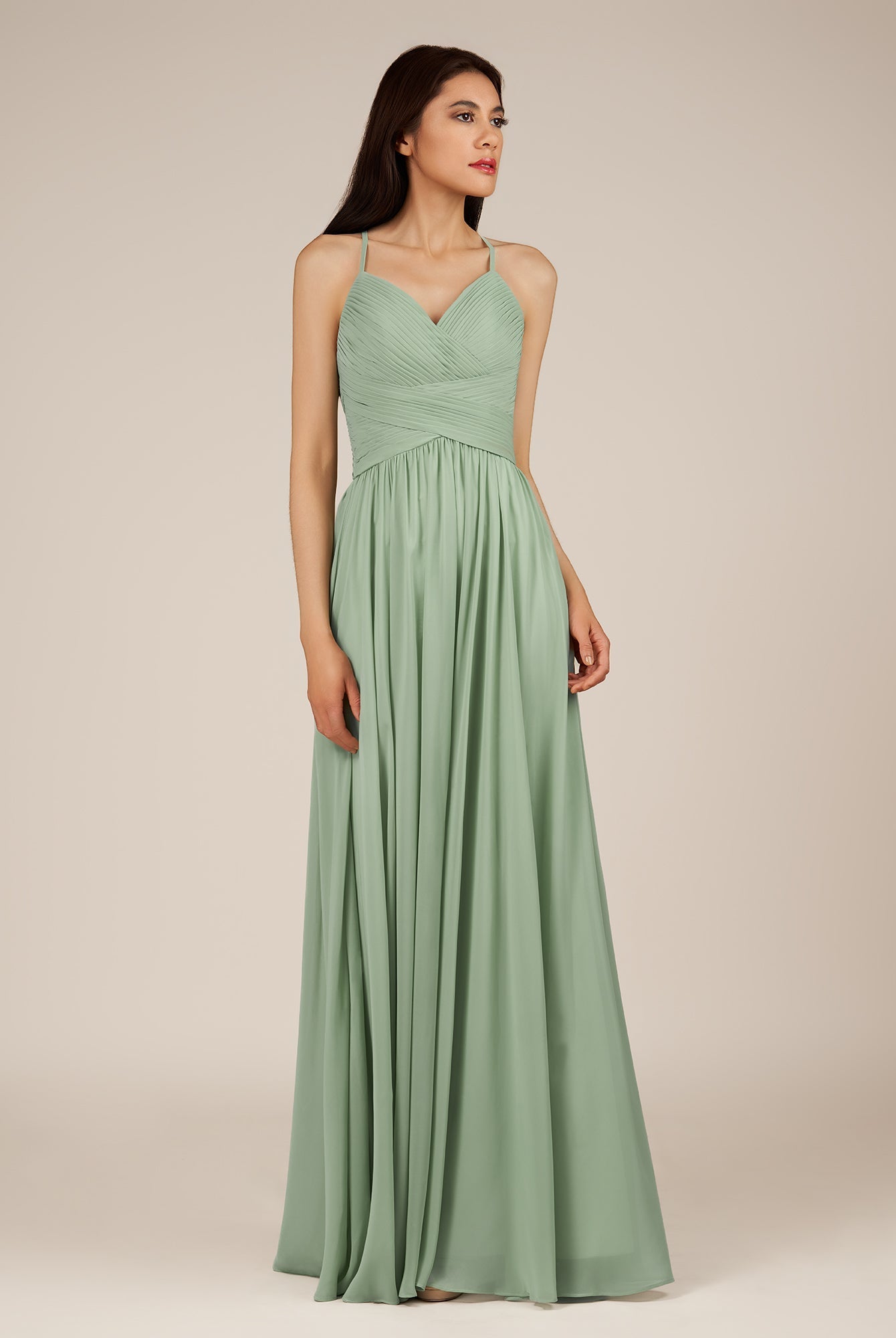 KissDress-Nolana Matcha A Line V Neck Chiffon Pleated Long Bridesmaid Dress