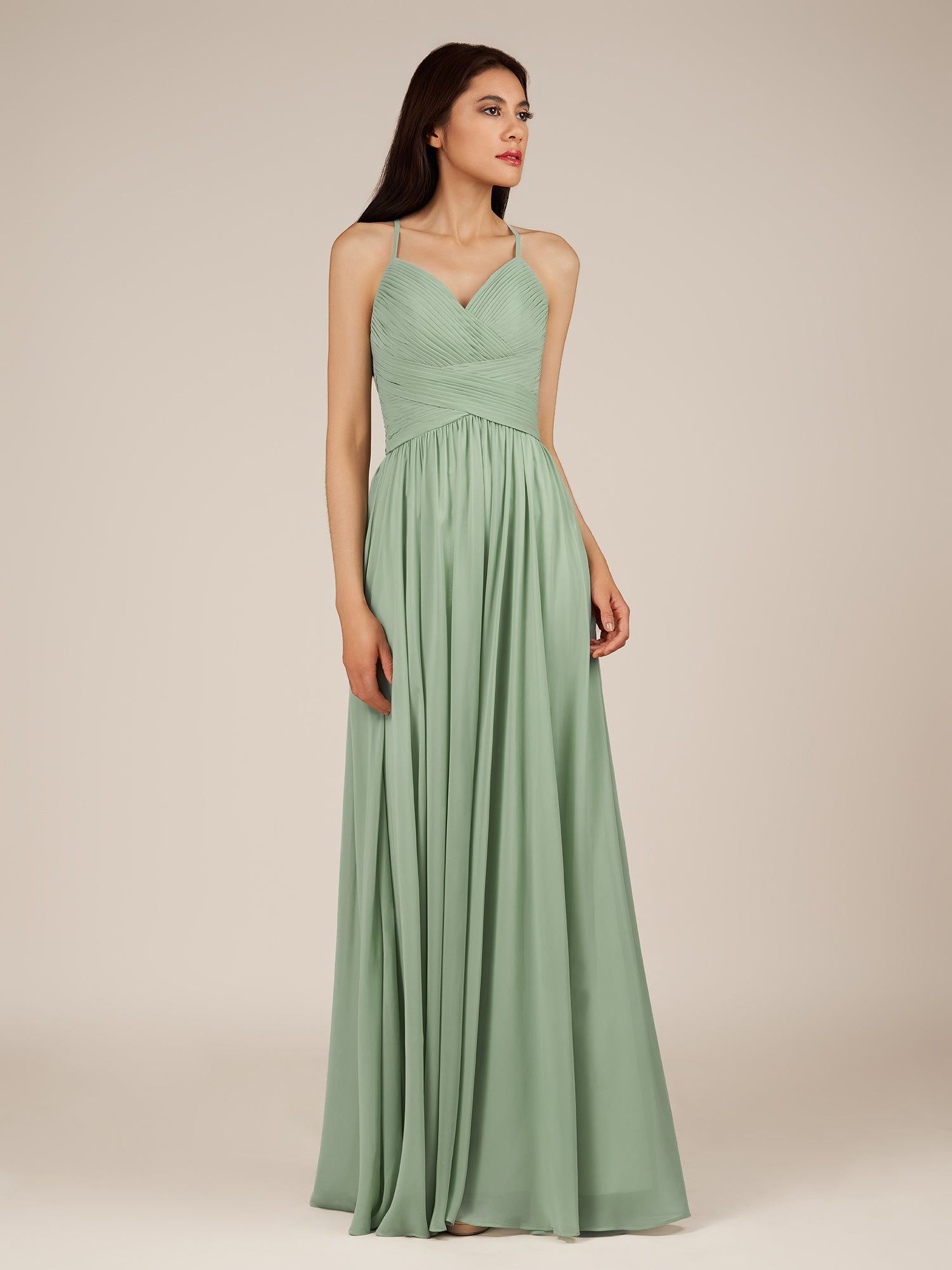 KissDress-Nolana Matcha A Line V Neck Chiffon Pleated Long Bridesmaid Dress