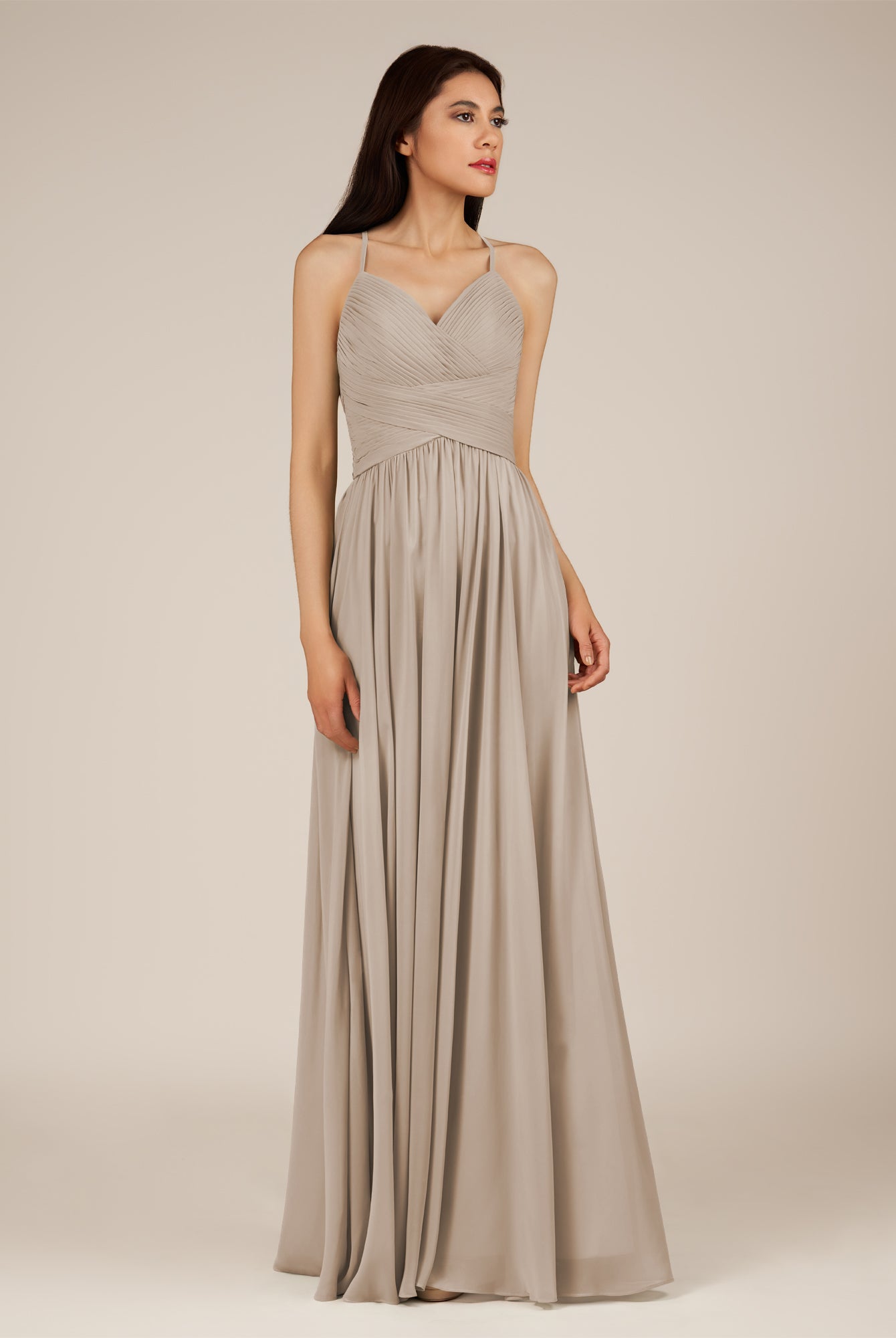 KissDress-Nolana Almond A Line V Neck Chiffon Pleated Long Bridesmaid Dress