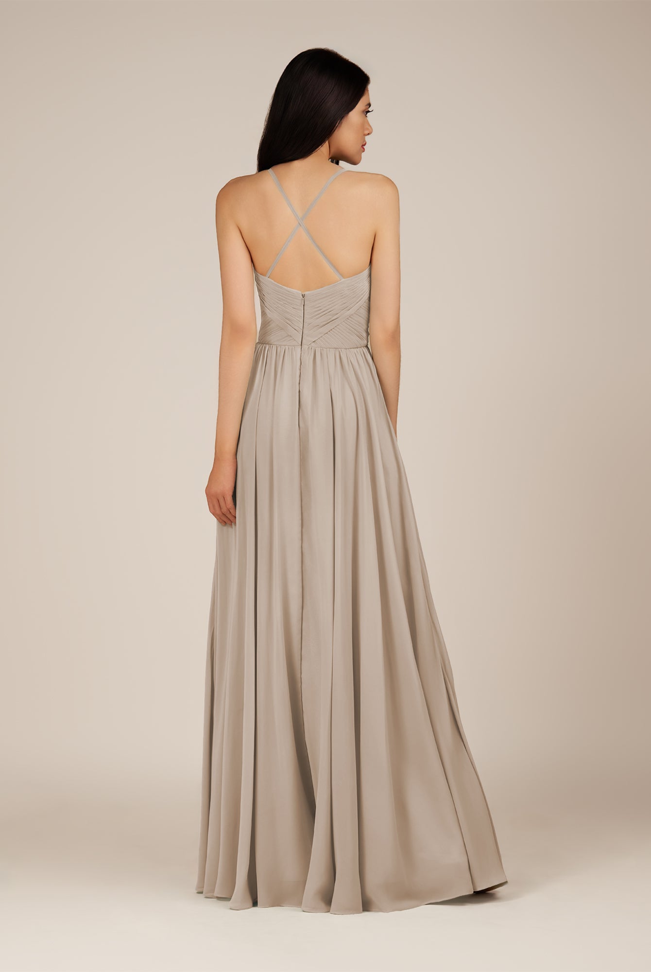 KissDress-Nolana Almond A Line V Neck Chiffon Pleated Long Bridesmaid Dress