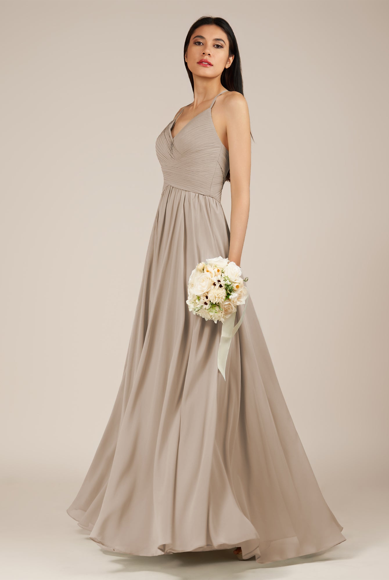 KissDress-Nolana Almond A Line V Neck Chiffon Pleated Long Bridesmaid Dress