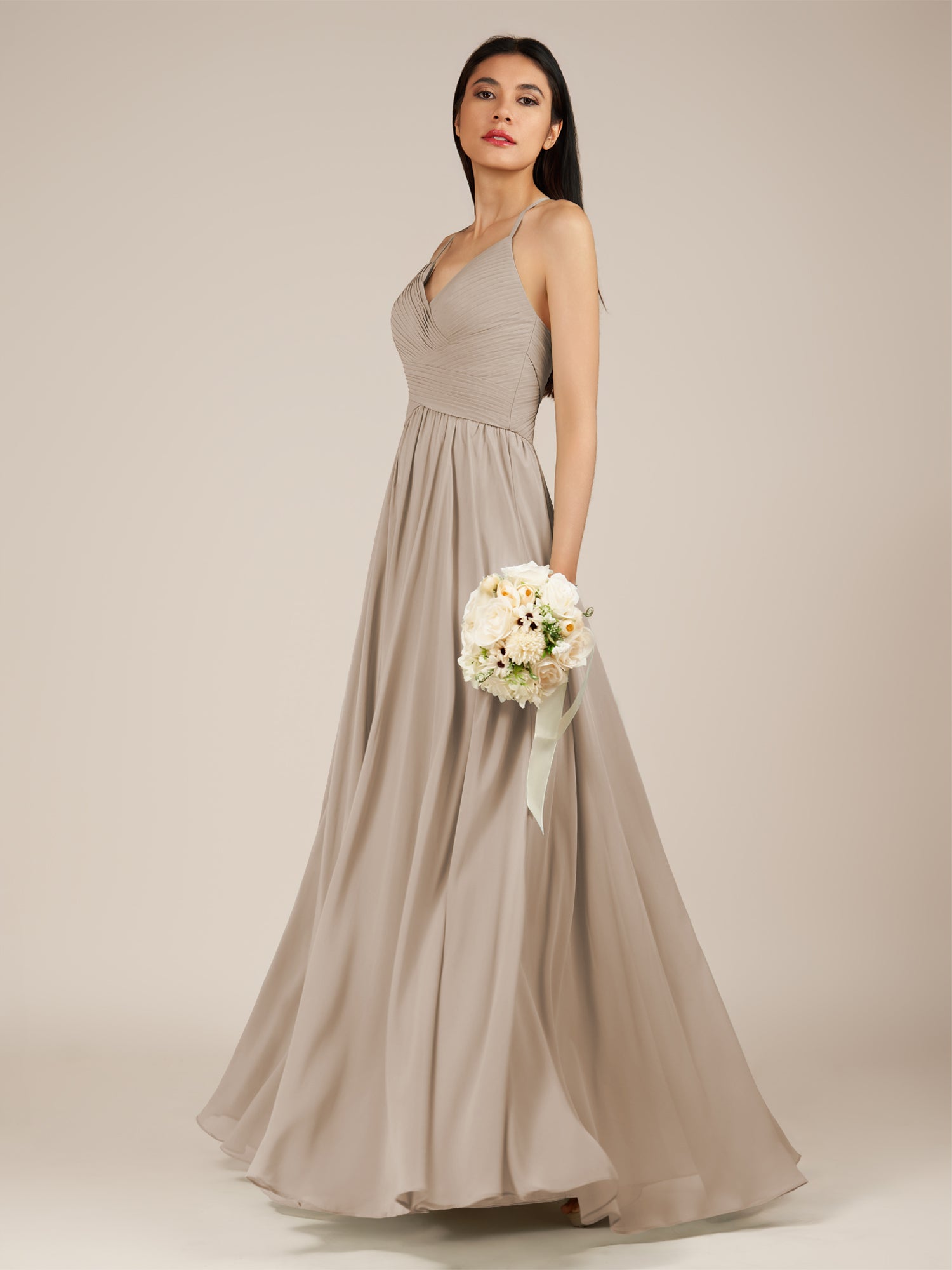 KissDress-Nolana Almond A Line V Neck Chiffon Pleated Long Bridesmaid Dress