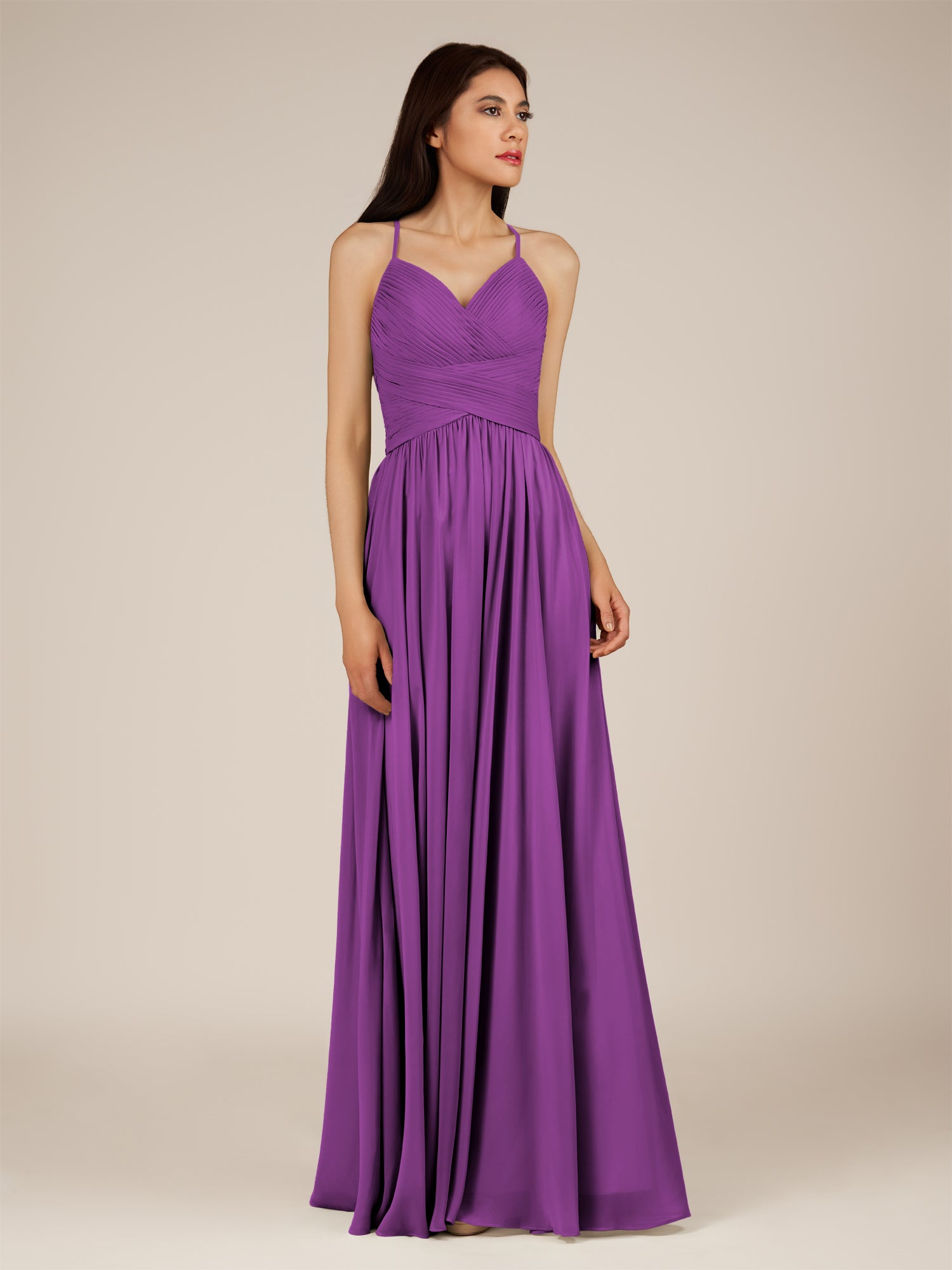 KissDress-Nolana Amethyst A Line V Neck Chiffon Pleated Long Bridesmaid Dress