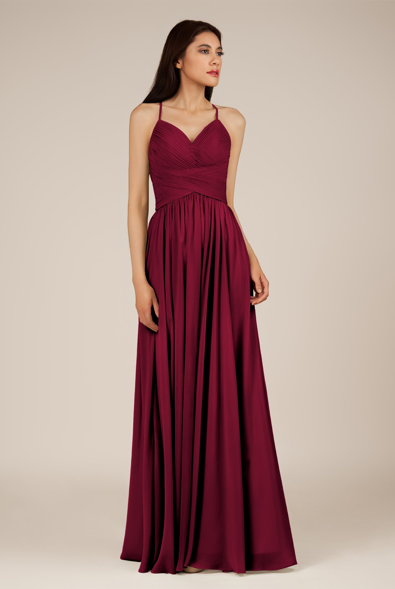 KissDress-Nolana Berry A Line V Neck Chiffon Pleated Long Bridesmaid Dress