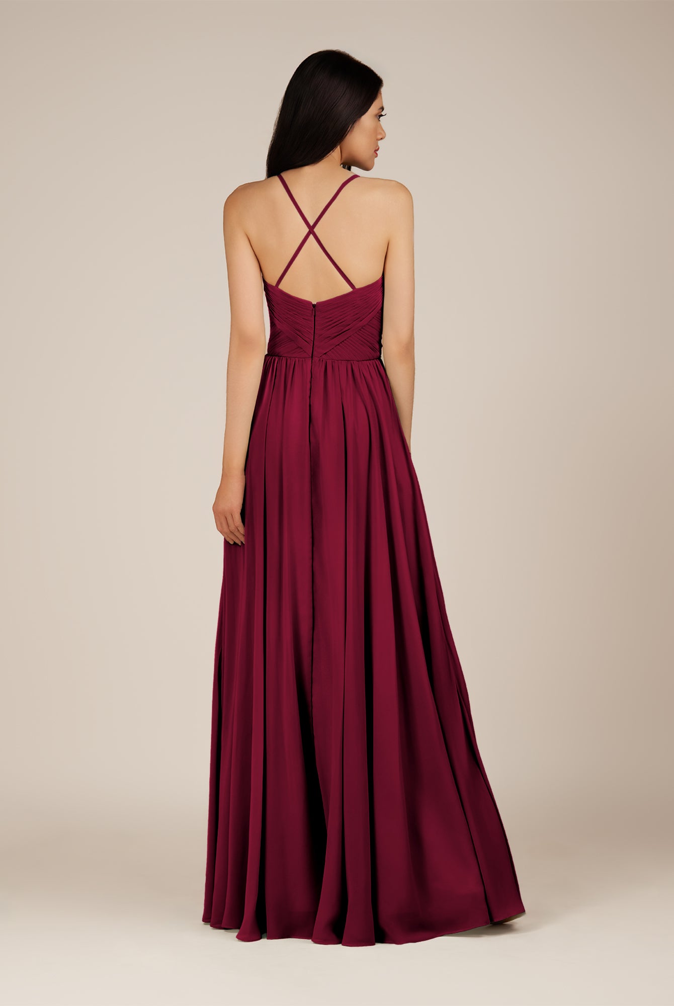 KissDress-Nolana Berry A Line V Neck Chiffon Pleated Long Bridesmaid Dress