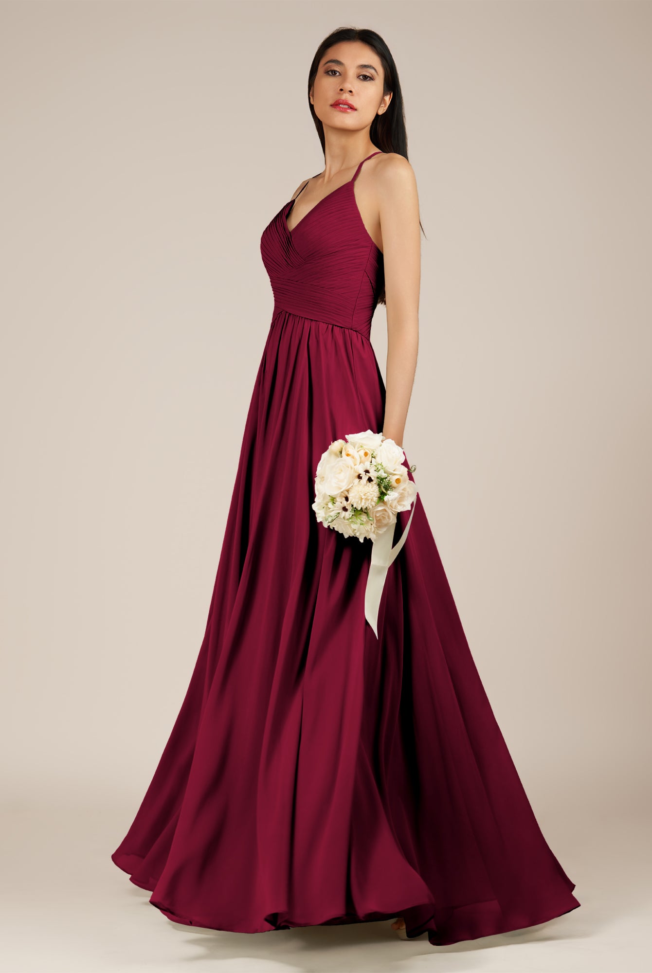 KissDress-Nolana Berry A Line V Neck Chiffon Pleated Long Bridesmaid Dress