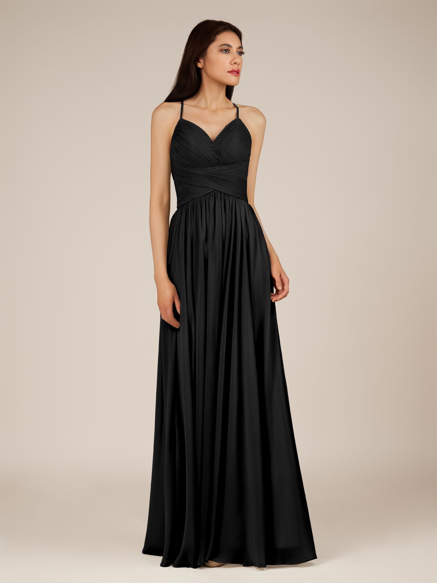 KissDress-Nolana Black A Line V Neck Chiffon Pleated Long Bridesmaid Dress