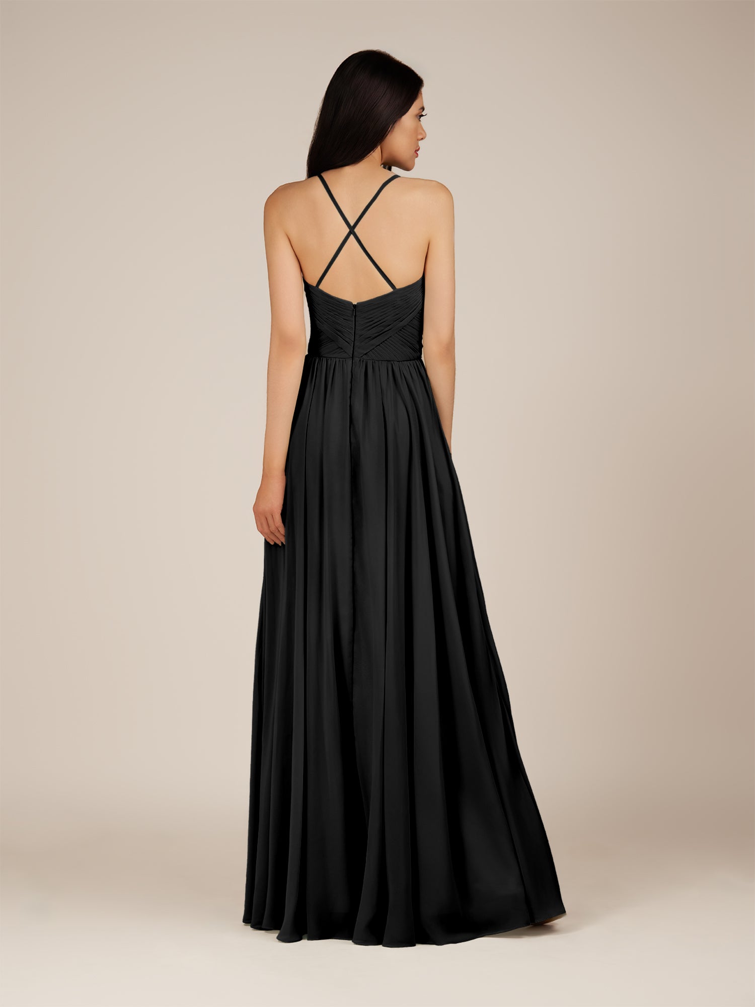 KissDress-Nolana Black A Line V Neck Chiffon Pleated Long Bridesmaid Dress