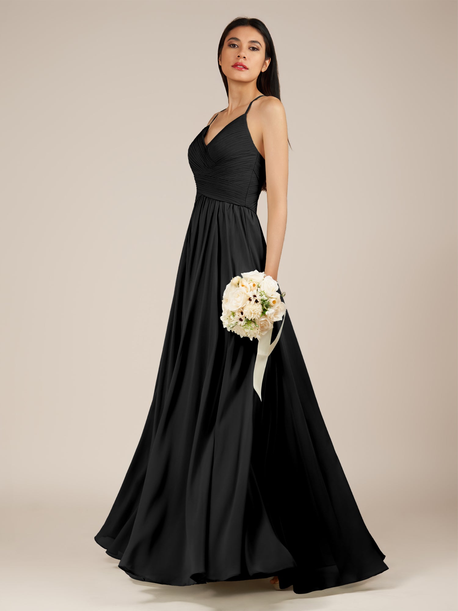 KissDress-Nolana Black A Line V Neck Chiffon Pleated Long Bridesmaid Dress