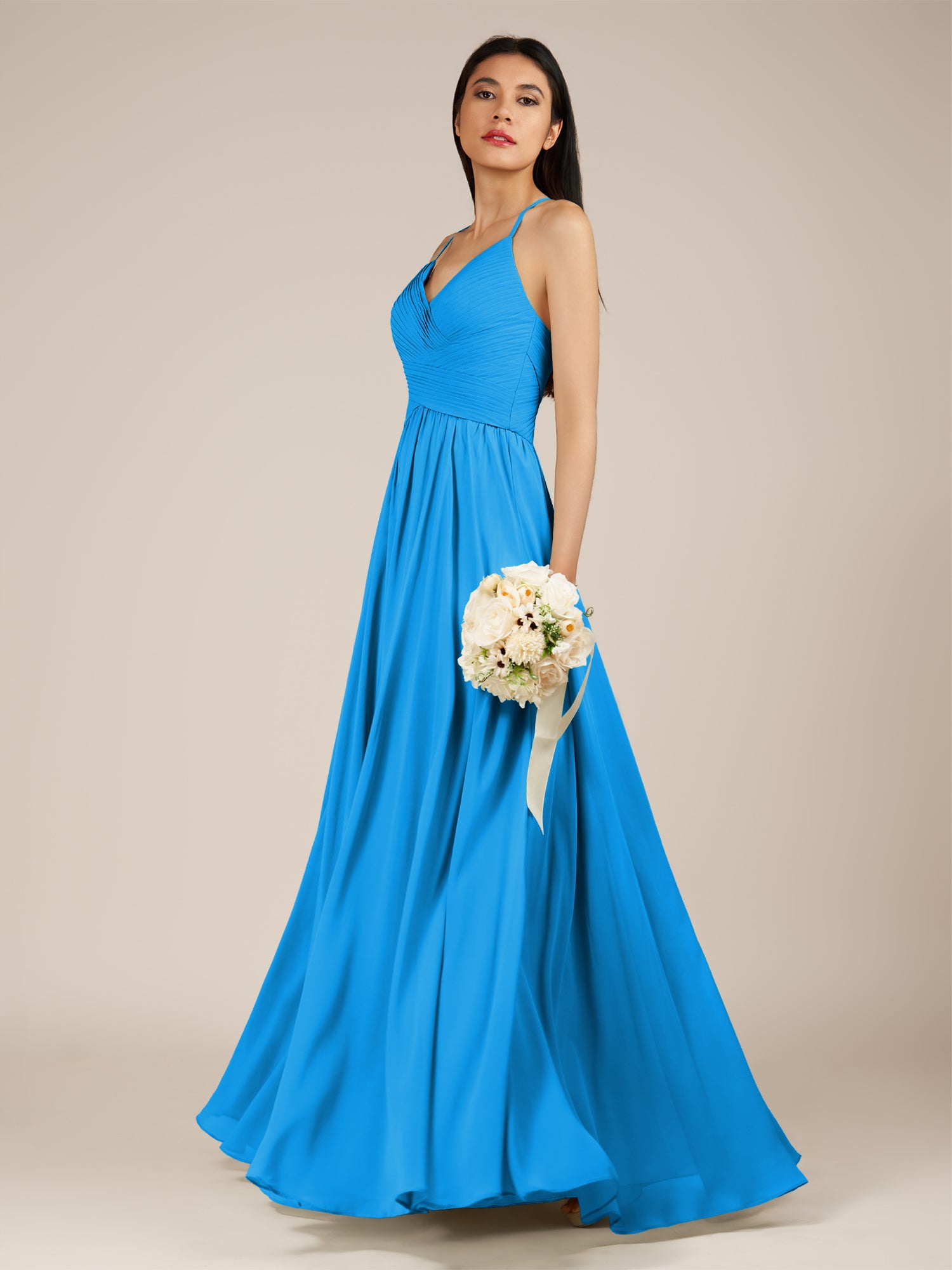 KissDress-Nolana Blue Jay A Line V Neck Chiffon Pleated Long Bridesmaid Dress