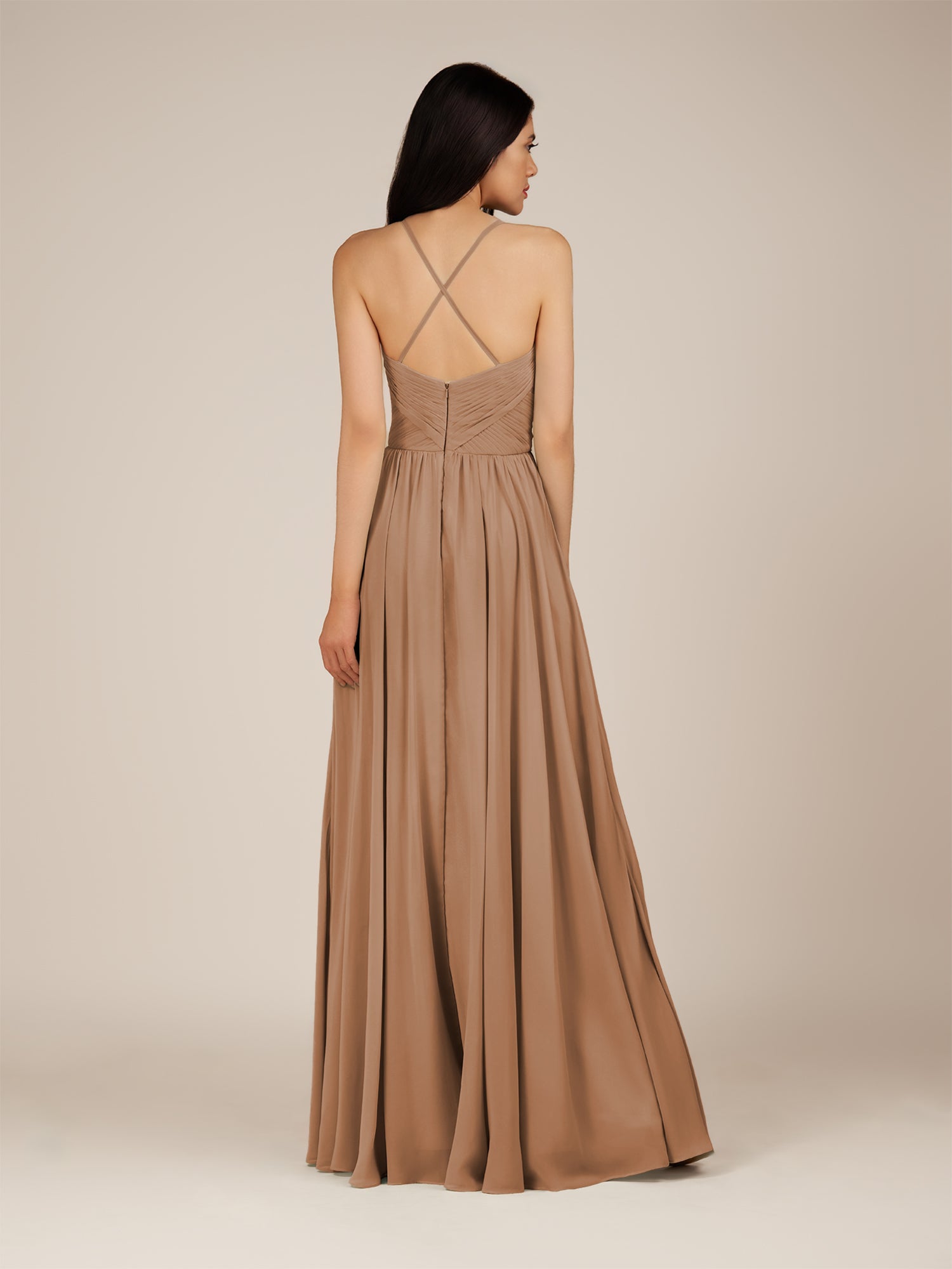 KissDress-Nolana Bronzer A Line V Neck Chiffon Pleated Long Bridesmaid Dress