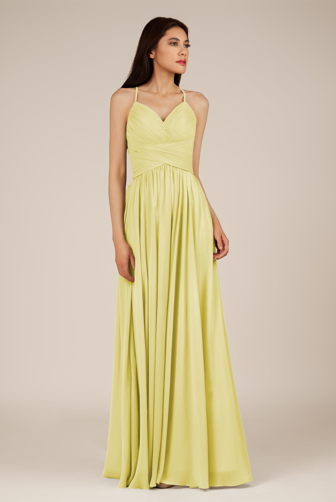 KissDress-Nolana Buttercup A Line V Neck Chiffon Pleated Long Bridesmaid Dress