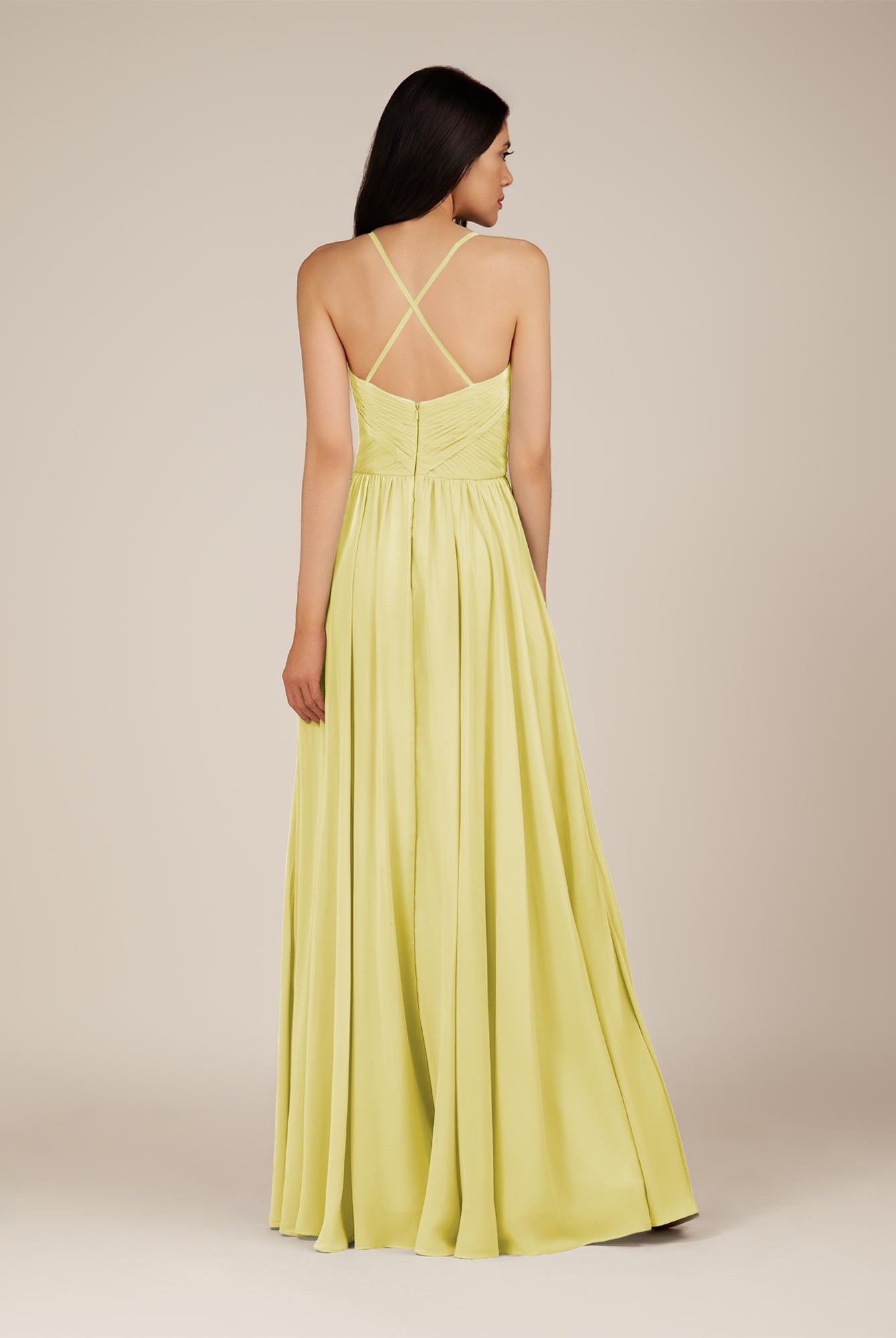 KissDress-Nolana Buttercup A Line V Neck Chiffon Pleated Long Bridesmaid Dress