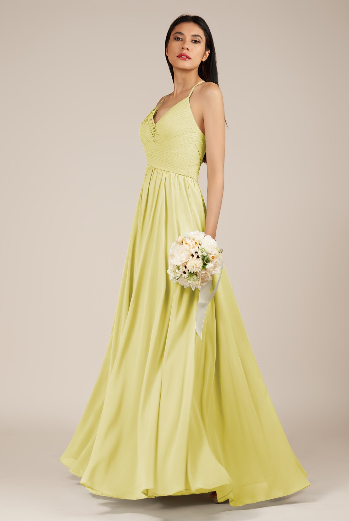 KissDress-Nolana Buttercup A Line V Neck Chiffon Pleated Long Bridesmaid Dress