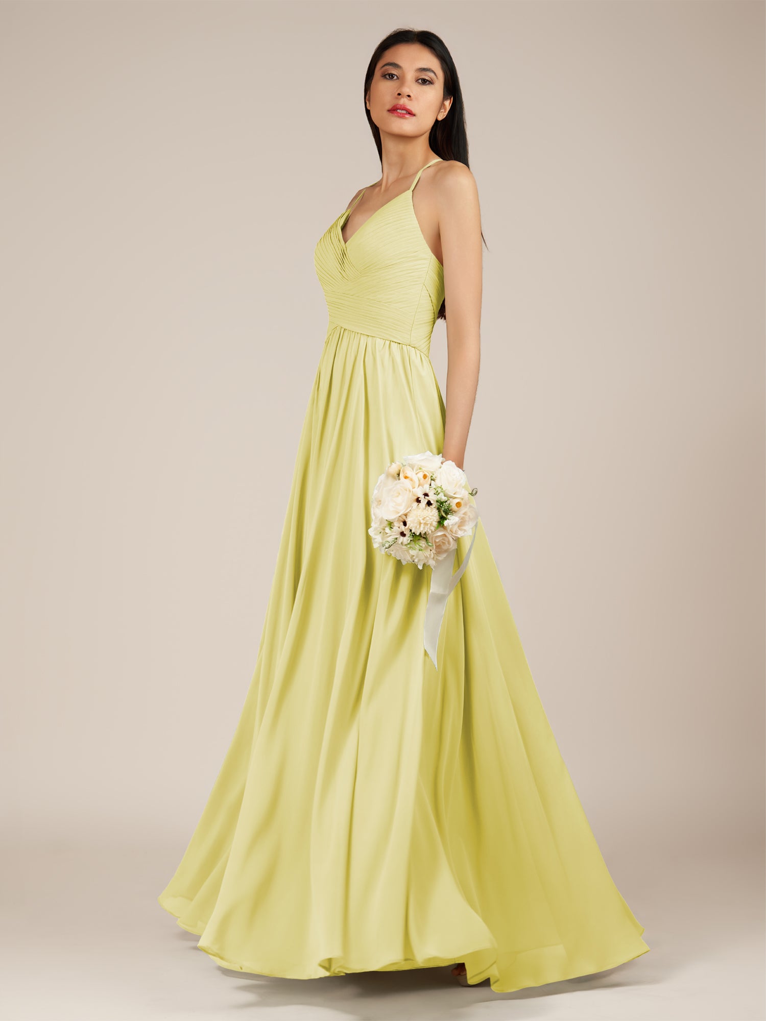 KissDress-Nolana Buttercup A Line V Neck Chiffon Pleated Long Bridesmaid Dress