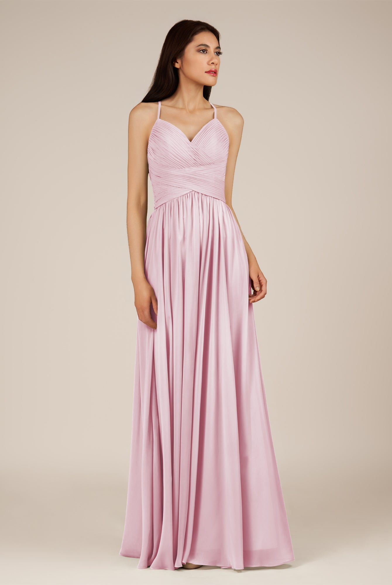 KissDress-Nolana Candy Pink A Line V Neck Chiffon Pleated Long Bridesmaid Dress