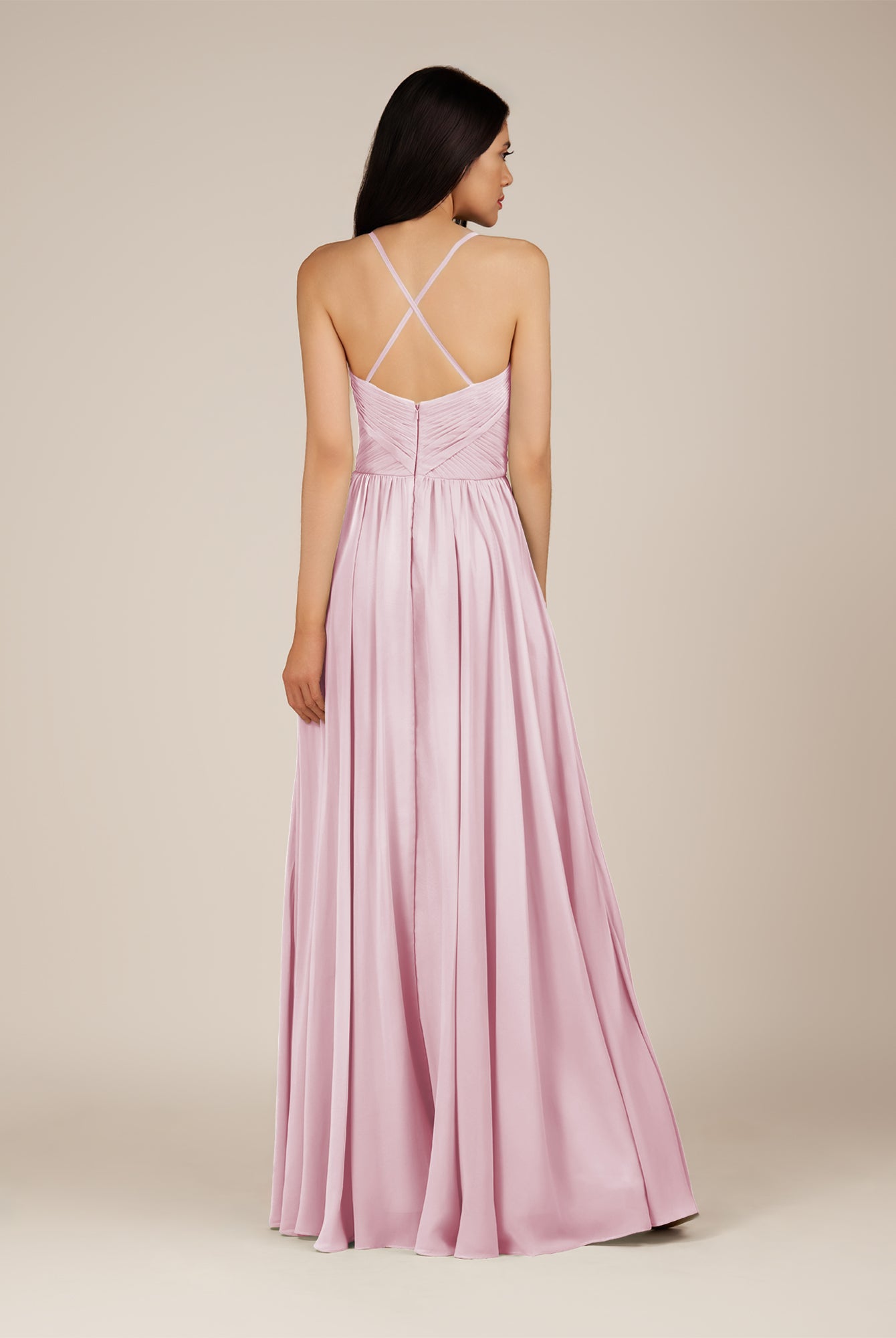 KissDress-Nolana Candy Pink A Line V Neck Chiffon Pleated Long Bridesmaid Dress
