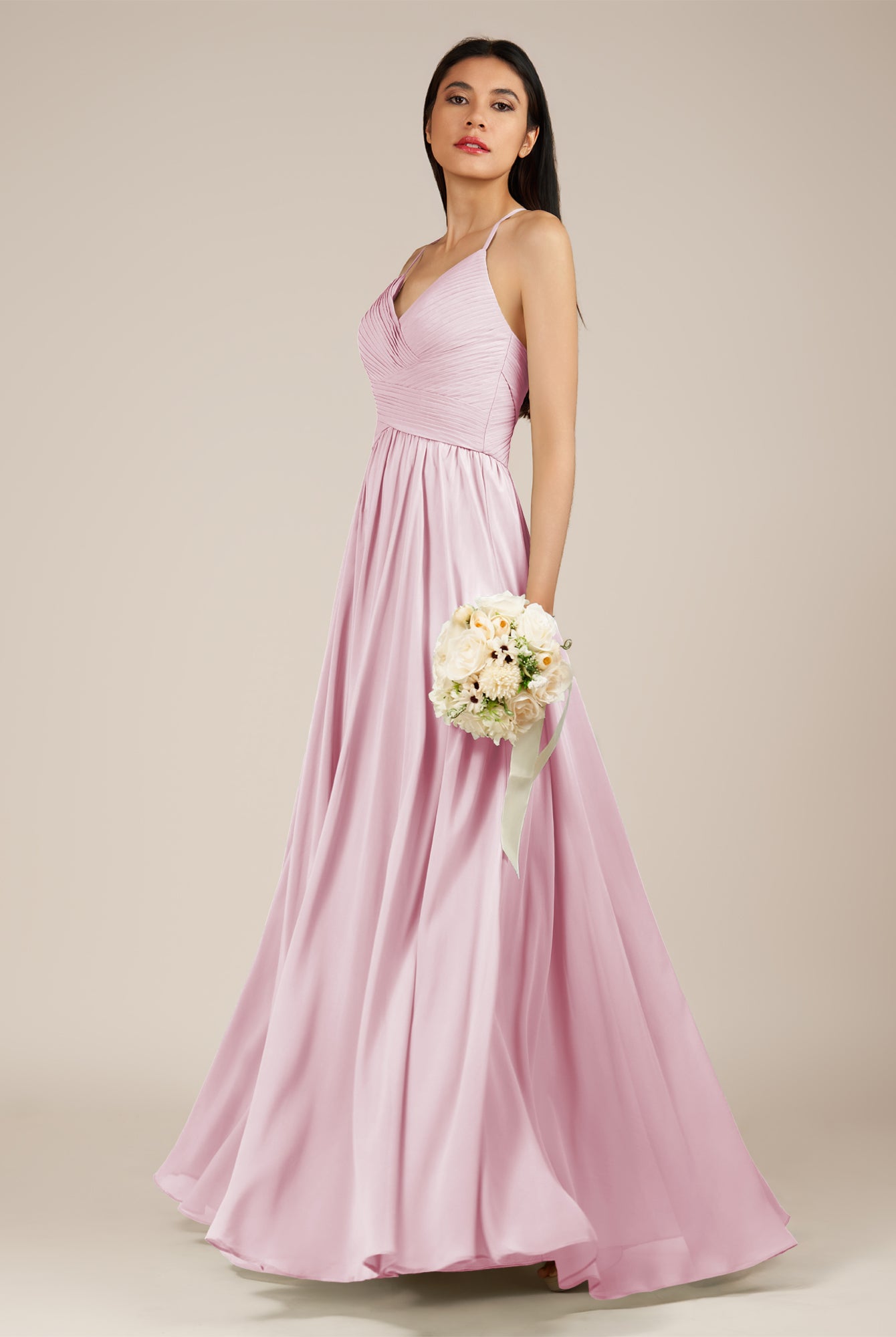 KissDress-Nolana Candy Pink A Line V Neck Chiffon Pleated Long Bridesmaid Dress
